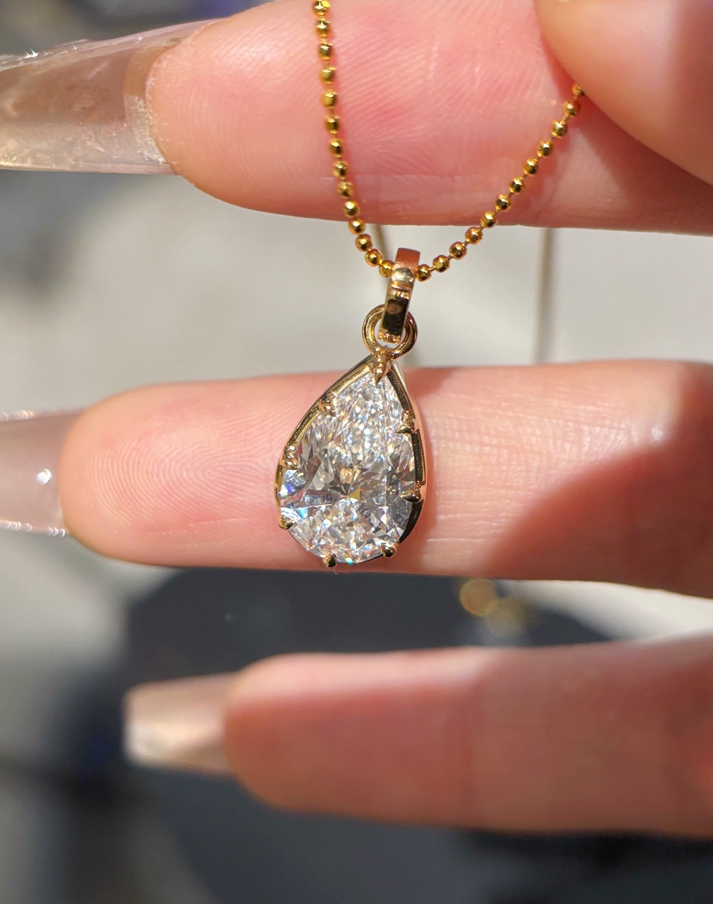 3CT Pear Cut Bezel Set Lab Grown Diamond Bead Chain Pendant Necklace | 18K Gold