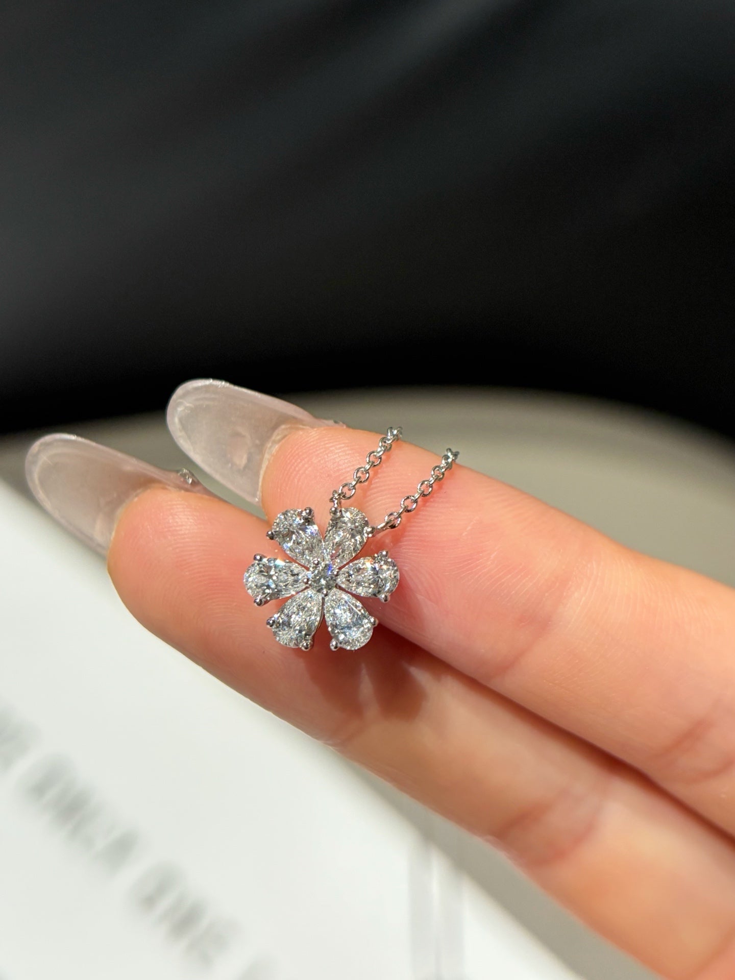 Floral Lab Grown Diamond Necklace | Pear & Round Cut Flower Design | Platinum