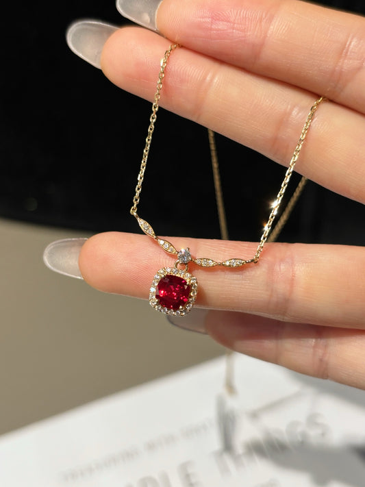 Lab Grown Ruby Cushion Cut Pendant Necklace | Everyday Elegance & Thoughtful Gifting | 18K Yellow Gold