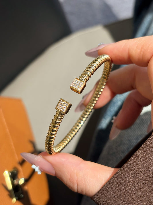 Pavé Diamond Square Cuff Bangle| 18K Yellow Gold
