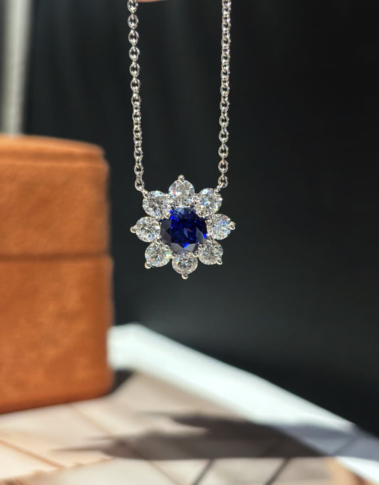 Lab Grown Sapphire Floral Pendant Necklace | Everyday Elegance & Timeless Gifting | Platinum