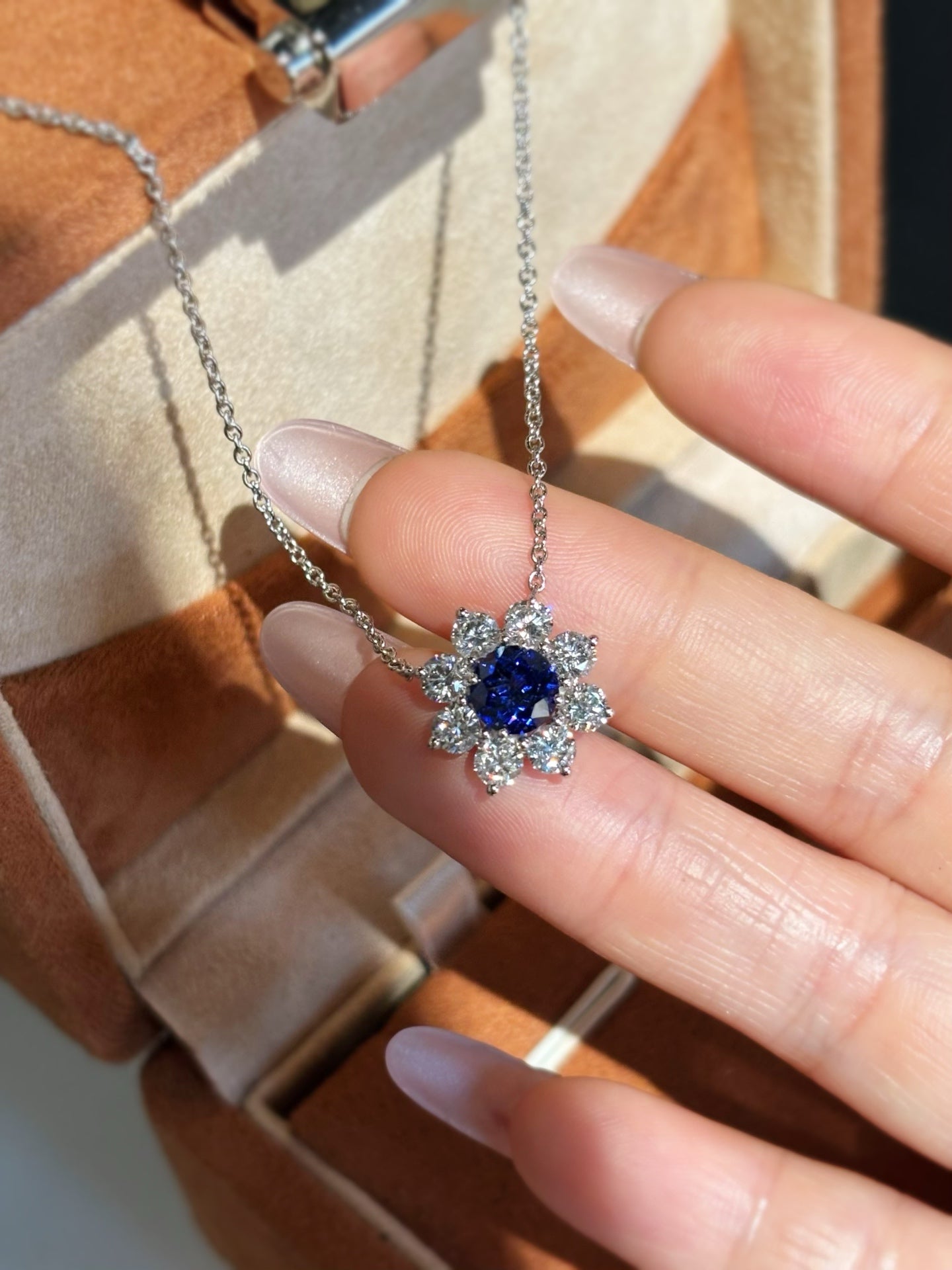 Lab Grown Sapphire Floral Pendant Necklace | Everyday Elegance & Timeless Gifting | Platinum