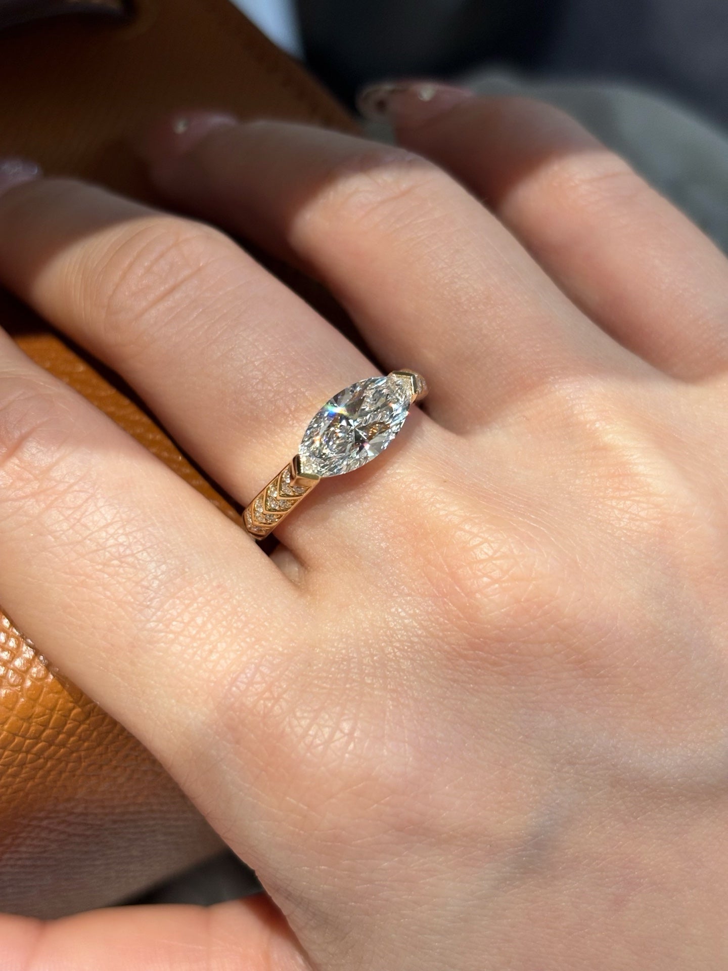 18K Gold Marquise Cut Diamond Solitaire with Pavé Accents