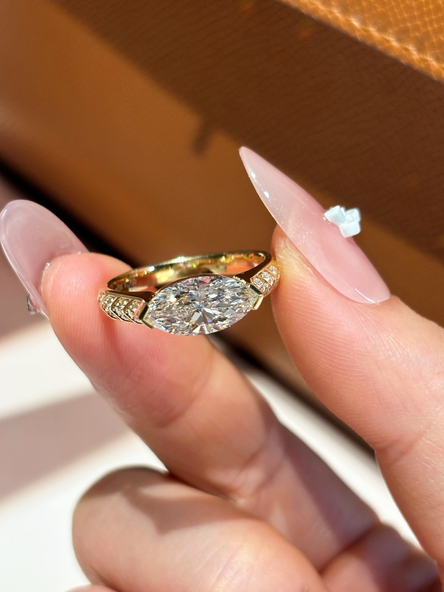 18K Gold Marquise Cut Diamond Solitaire with Pavé Accents