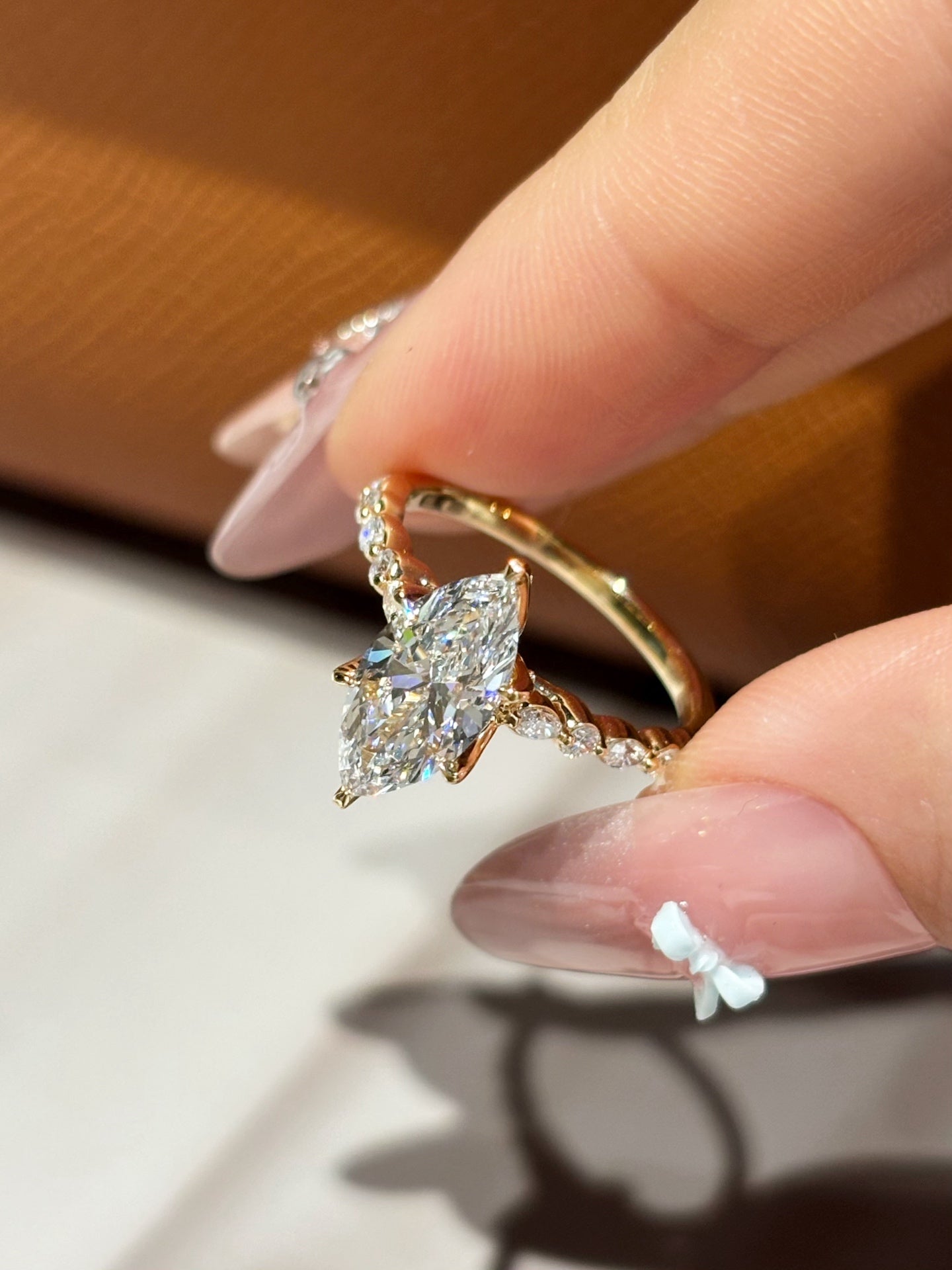 Marquise Cut Lab Diamond Ring | Clover-Shank Band | Half Eternity Accent | Unique Design
