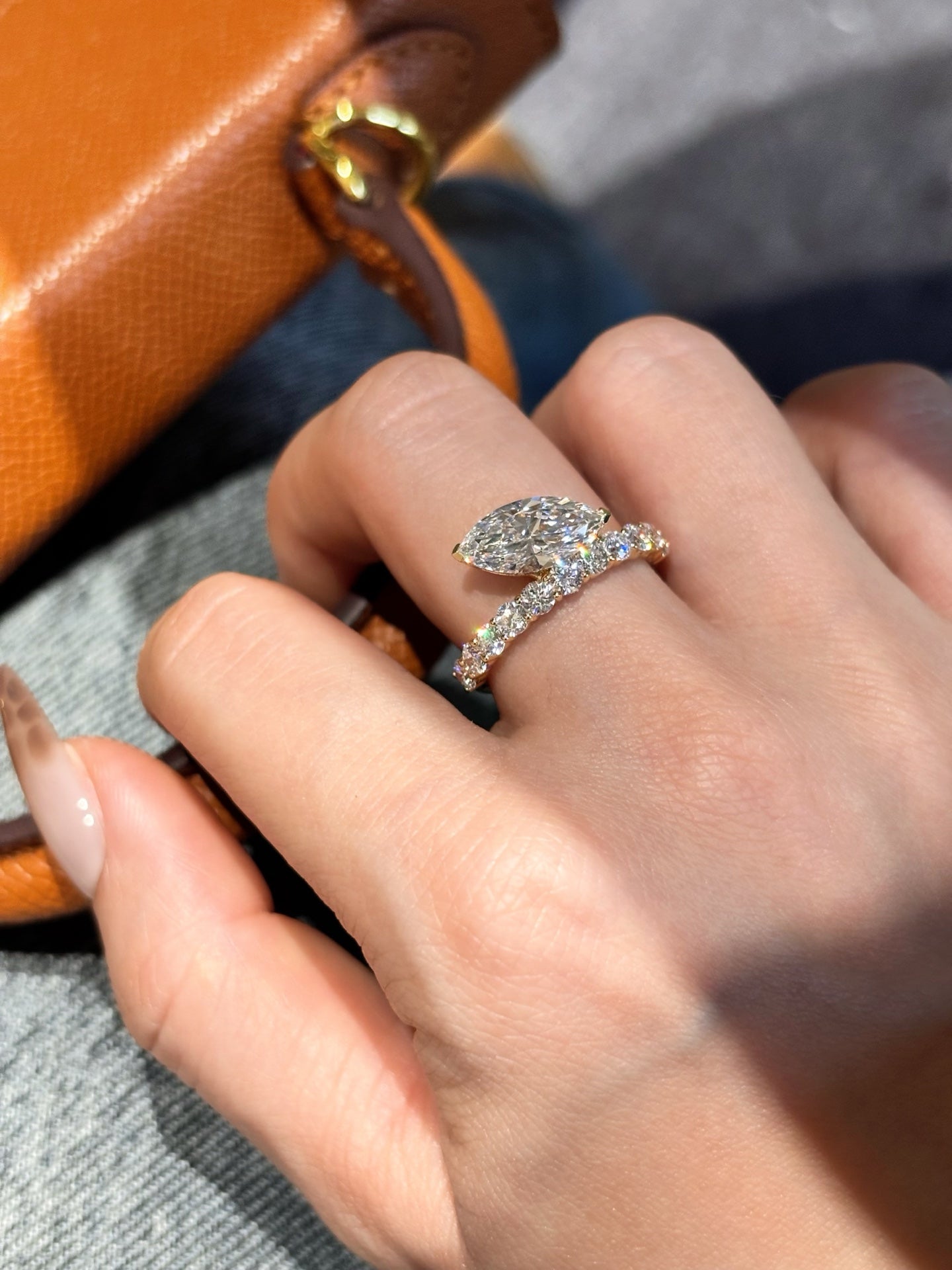 Horizontal Marquise Lab Grown Diamond Half Eternity Ring | 18K Yellow Gold