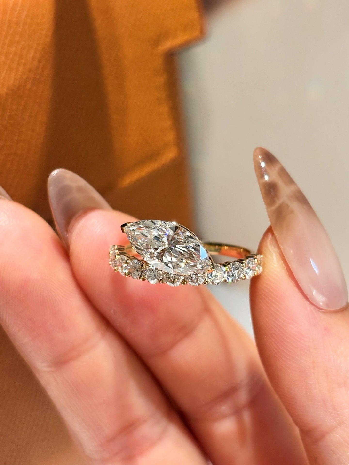 Horizontal Marquise Lab Grown Diamond Half Eternity Ring | 18K Yellow Gold