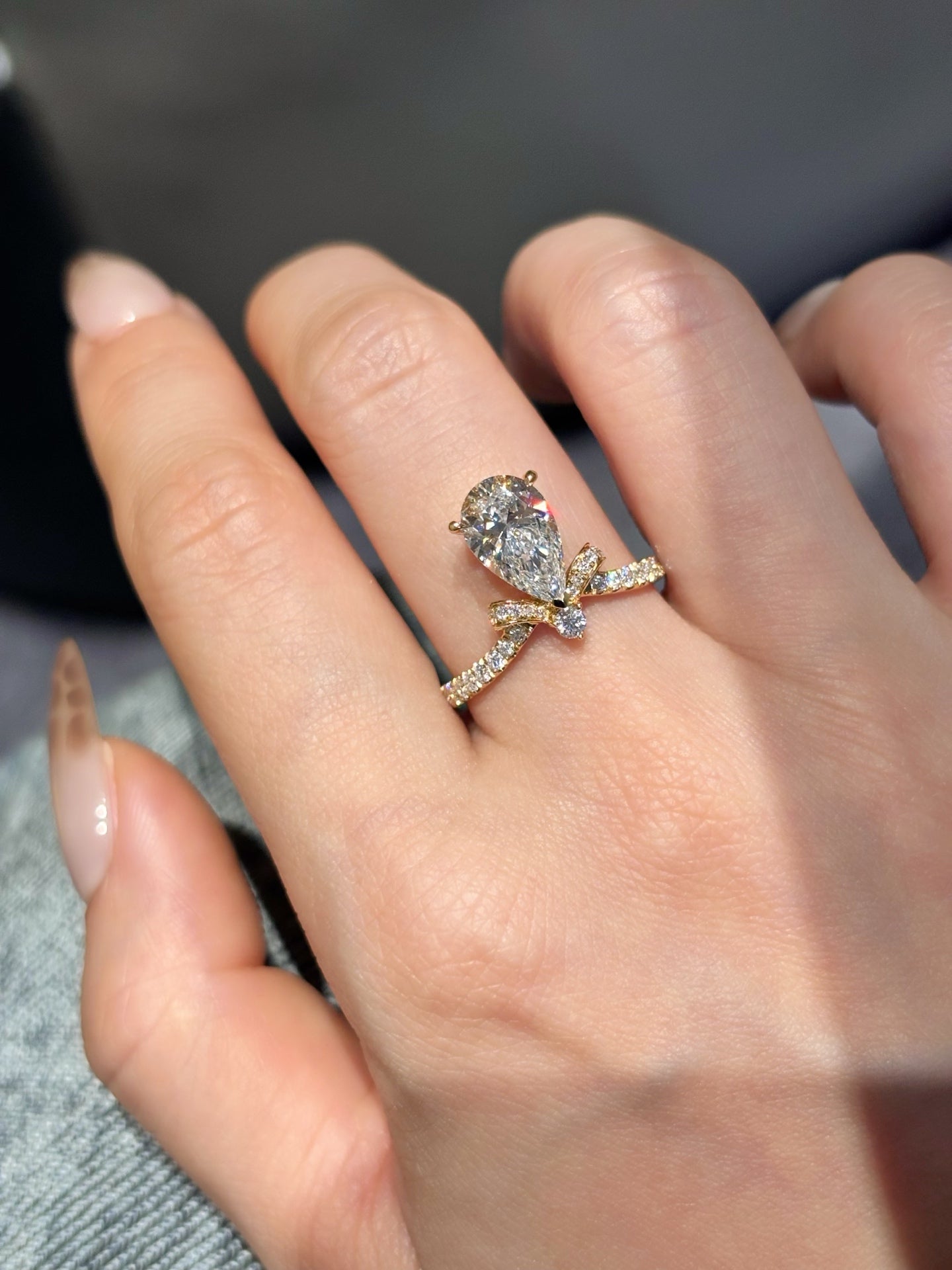 Lab Grown Pear Diamond Bow Ring | Romantic Elegance for Everyday & Milestones | 18K Yellow Gold