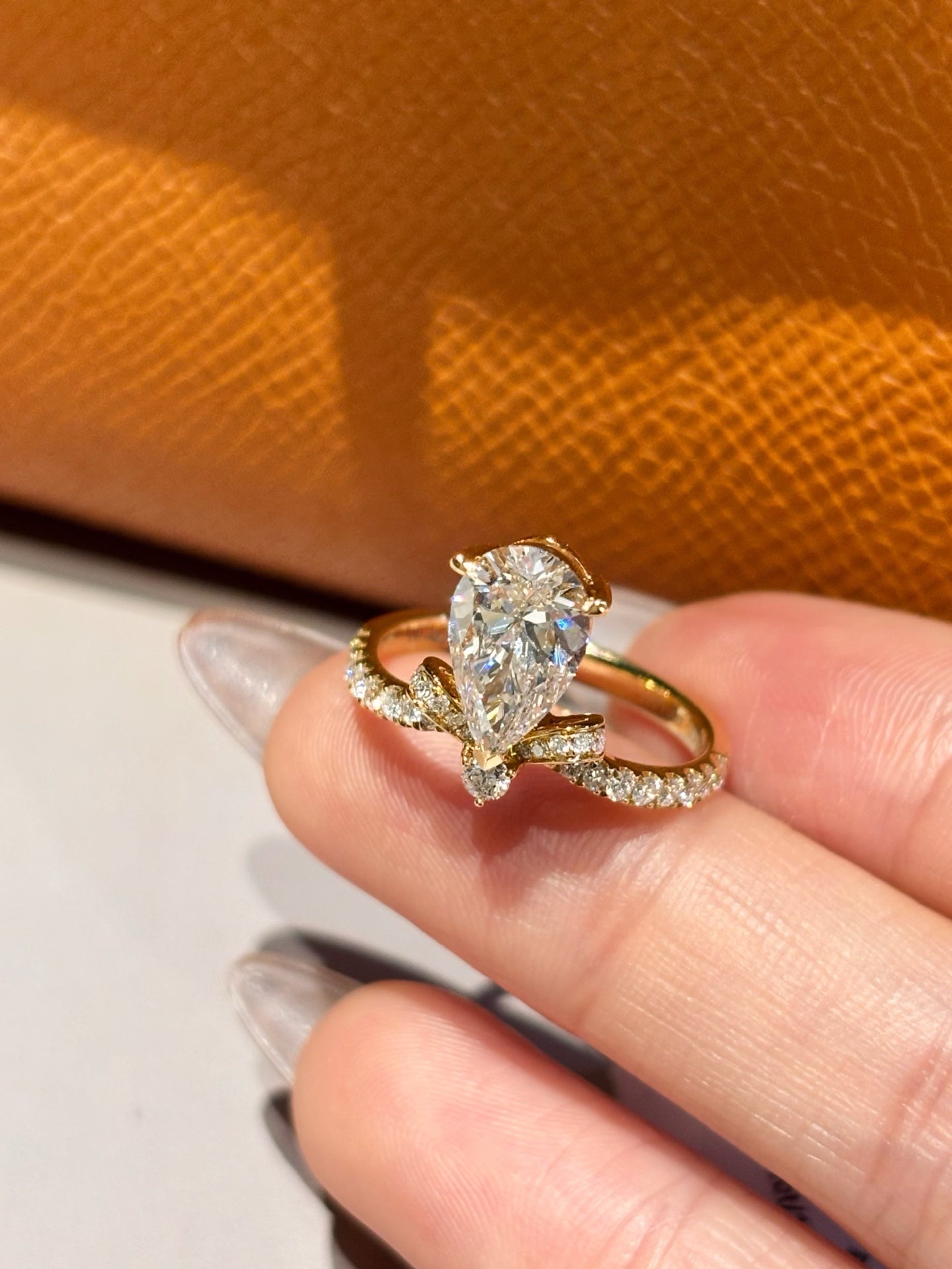 Lab Grown Pear Diamond Bow Ring | Romantic Elegance for Everyday & Milestones | 18K Yellow Gold