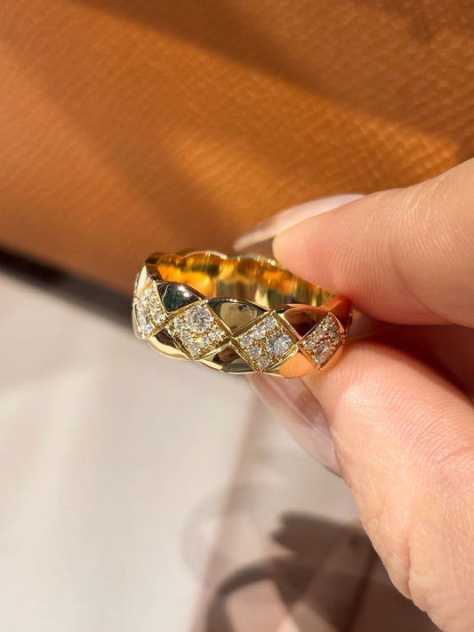 Quilted Pavé Diamond Cuff Ring | Statement Diamond Ring | 18K Yellow Gold