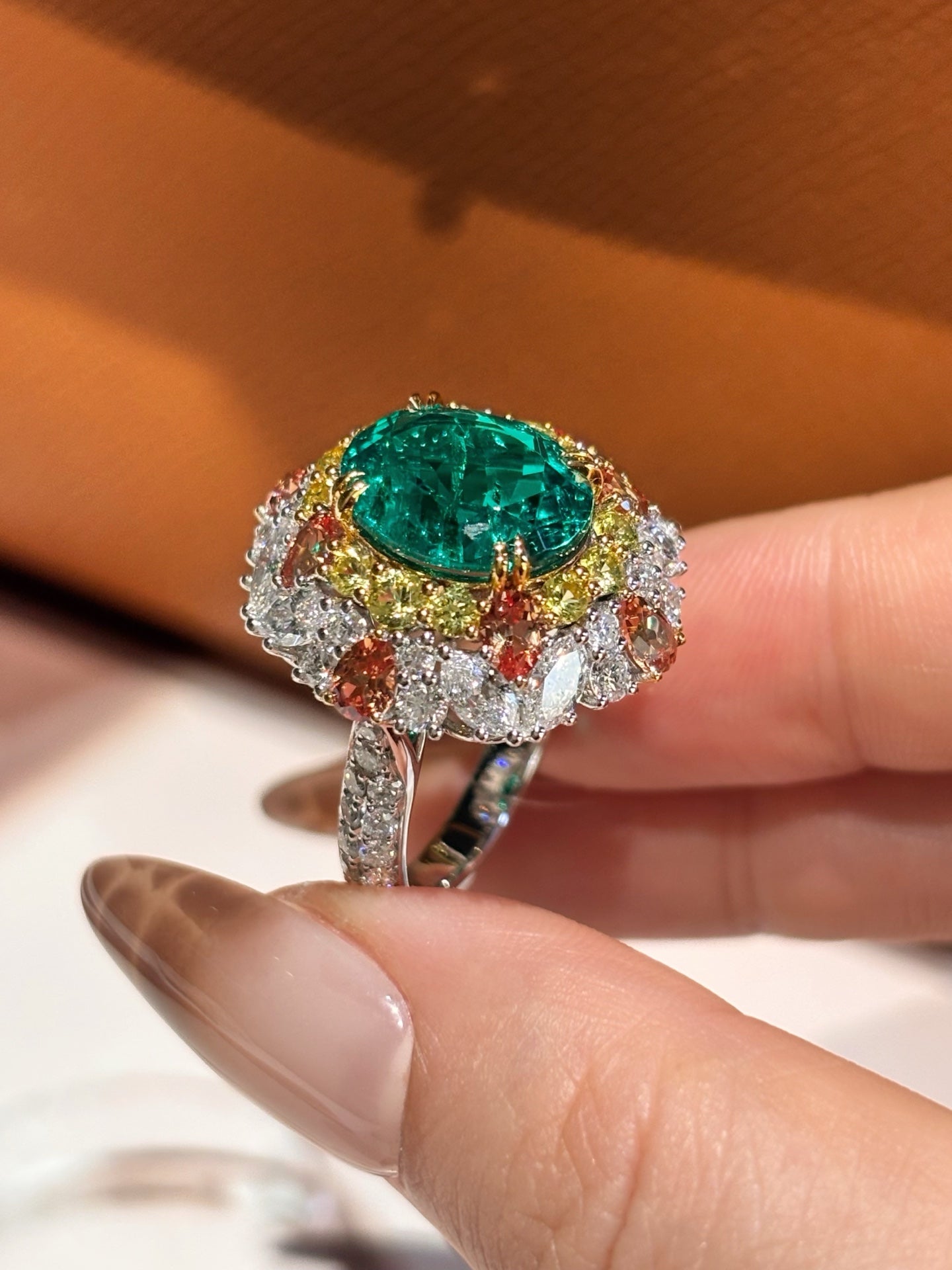 Vivid Green Paraiba Tourmaline Cluster Ring with Multi-Color Sapphires & Diamonds