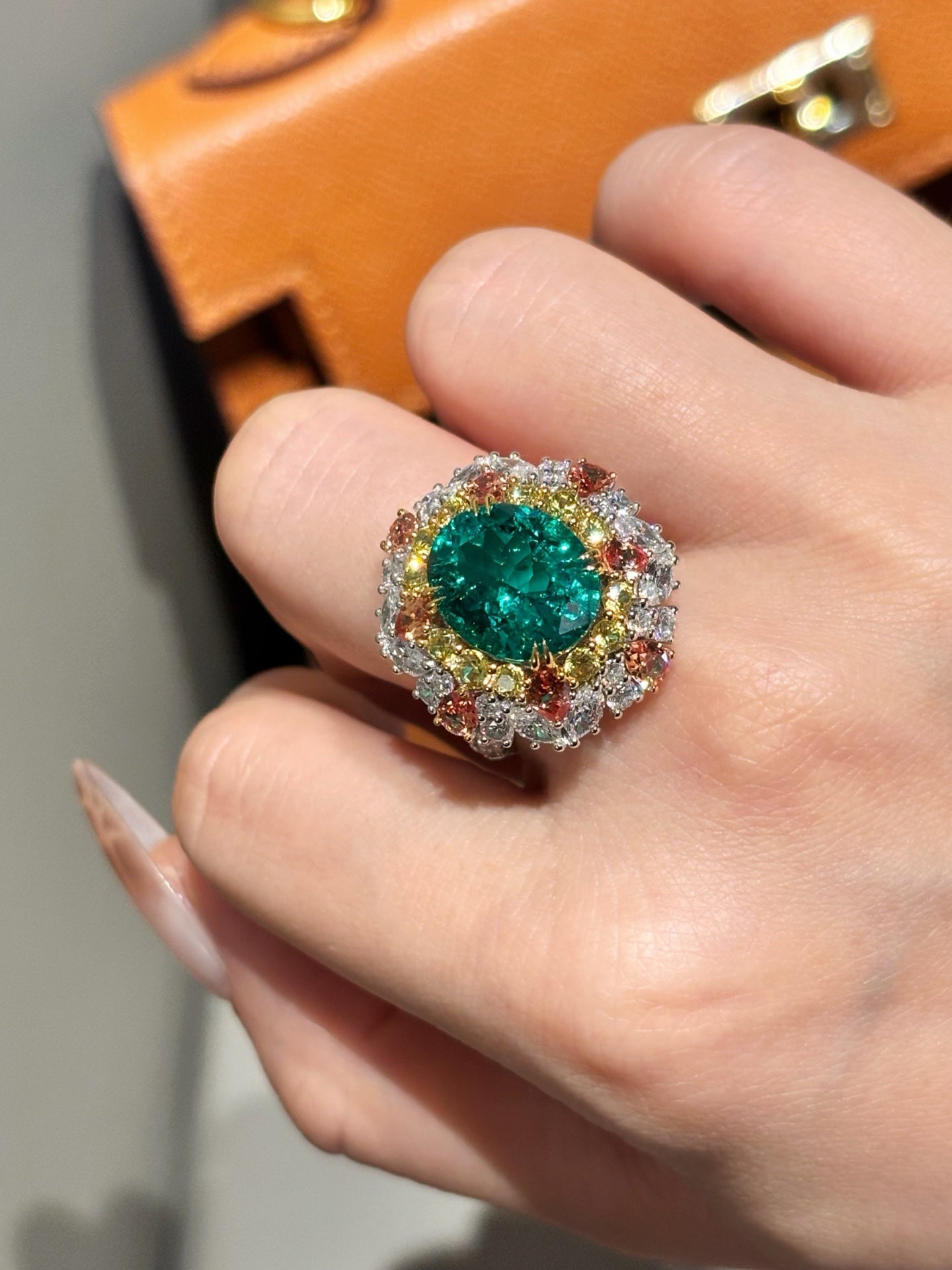 Vivid Green Paraiba Tourmaline Cluster Ring with Multi-Color Sapphires & Diamonds
