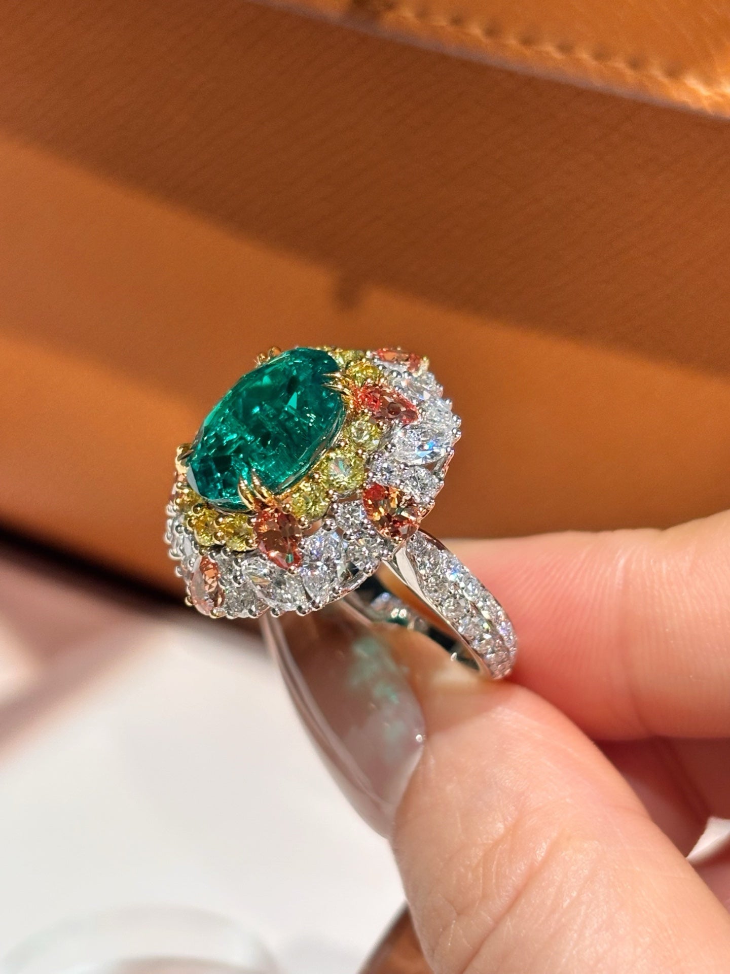 Vivid Green Paraiba Tourmaline Cluster Ring with Multi-Color Sapphires & Diamonds