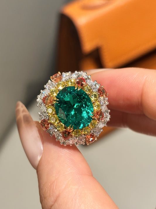 Vivid Green Paraiba Tourmaline Cluster Ring with Multi-Color Sapphires & Diamonds