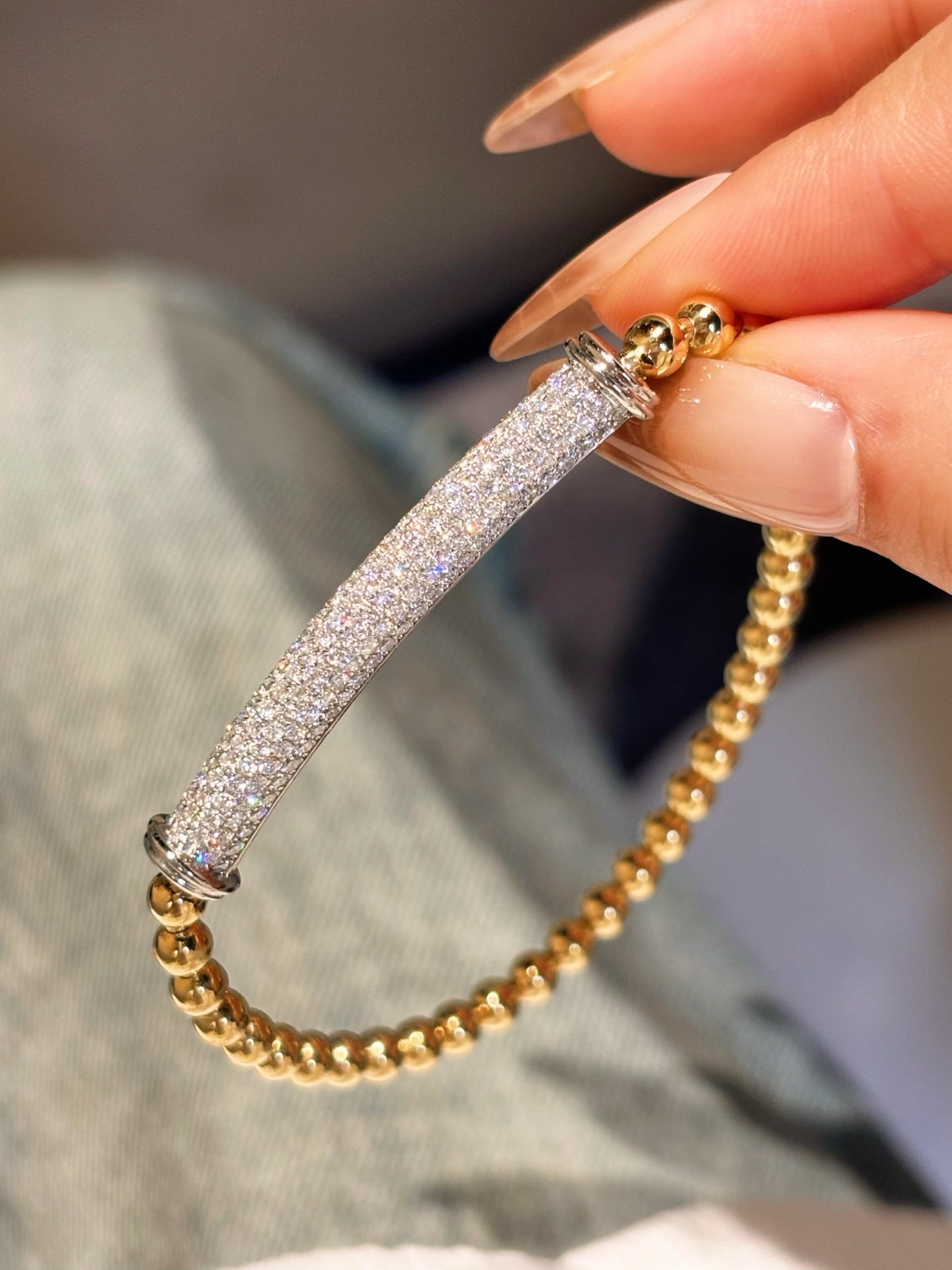 Half Bangle Half Bubble Bead Elastic Lab Grown Diamond Bracelet | Full Diamond Bangle | 18K Yellow Gold