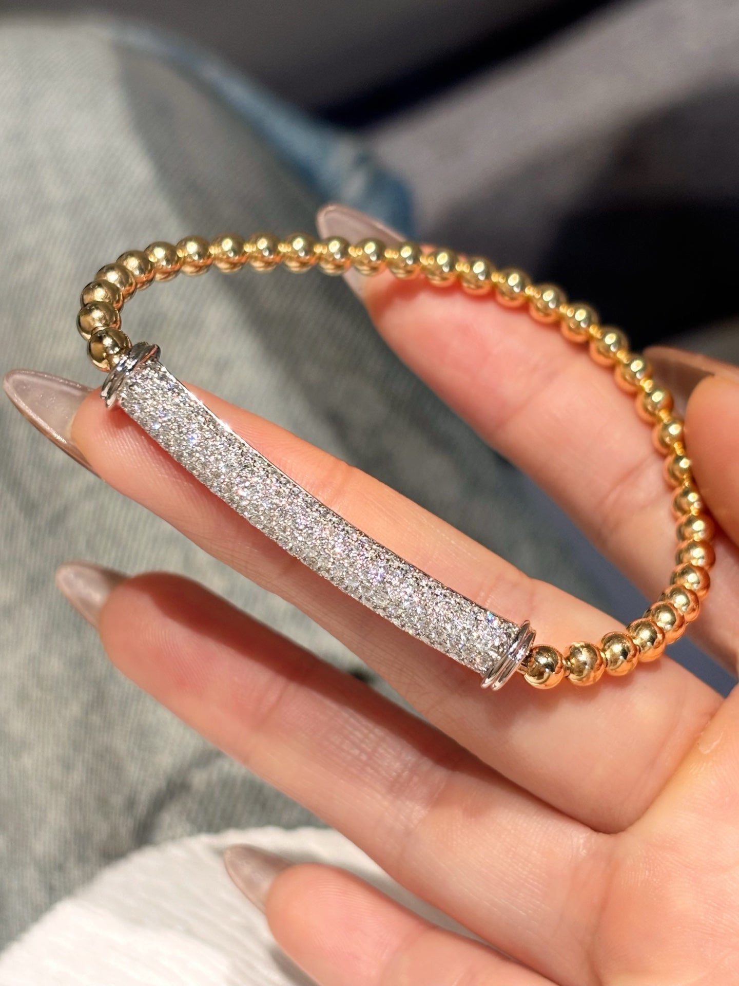 Half Bangle Half Bubble Bead Elastic Lab Grown Diamond Bracelet | Full Diamond Bangle | 18K Yellow Gold
