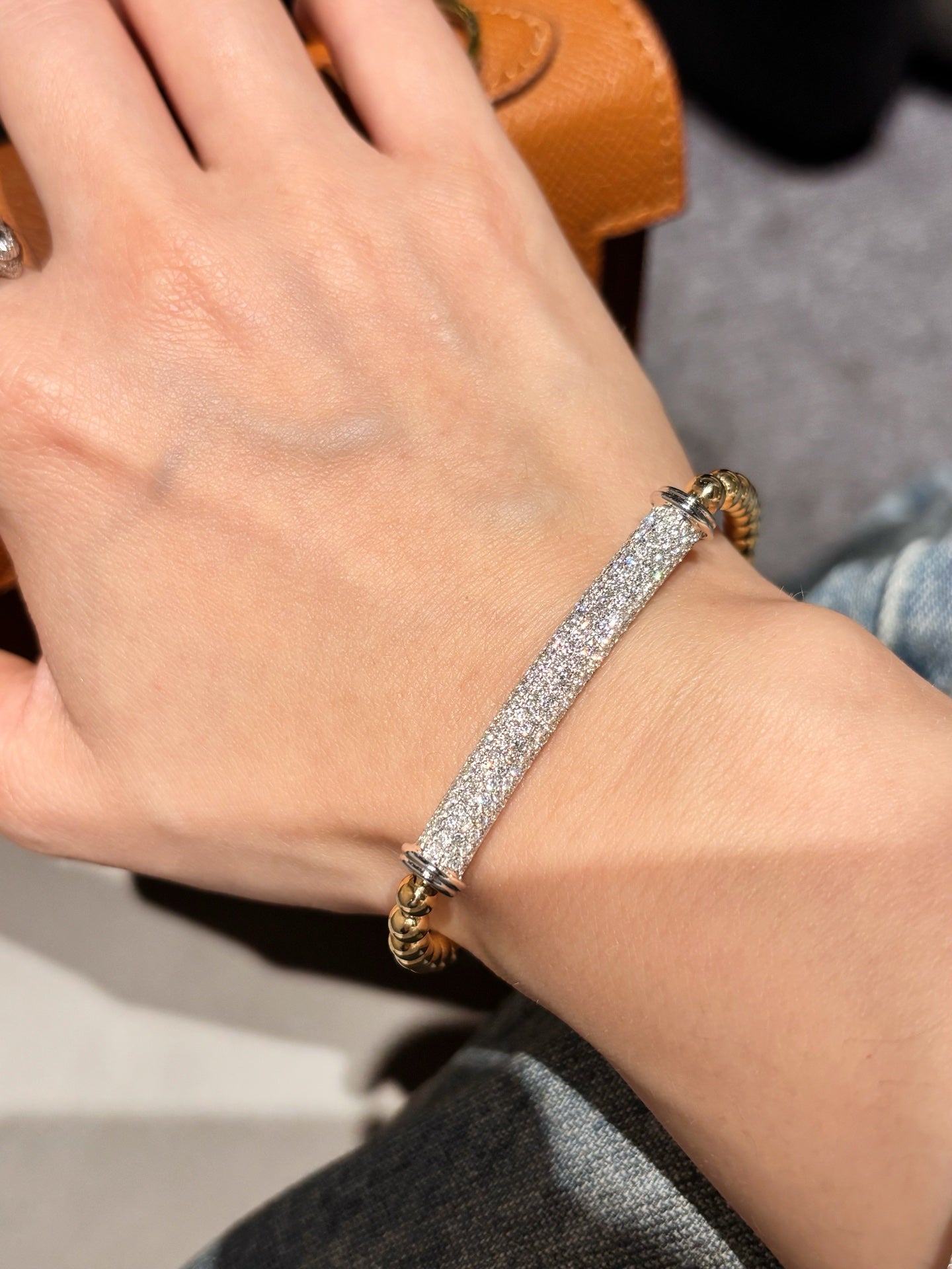 Half Bangle Half Bubble Bead Elastic Lab Grown Diamond Bracelet | Full Diamond Bangle | 18K Yellow Gold