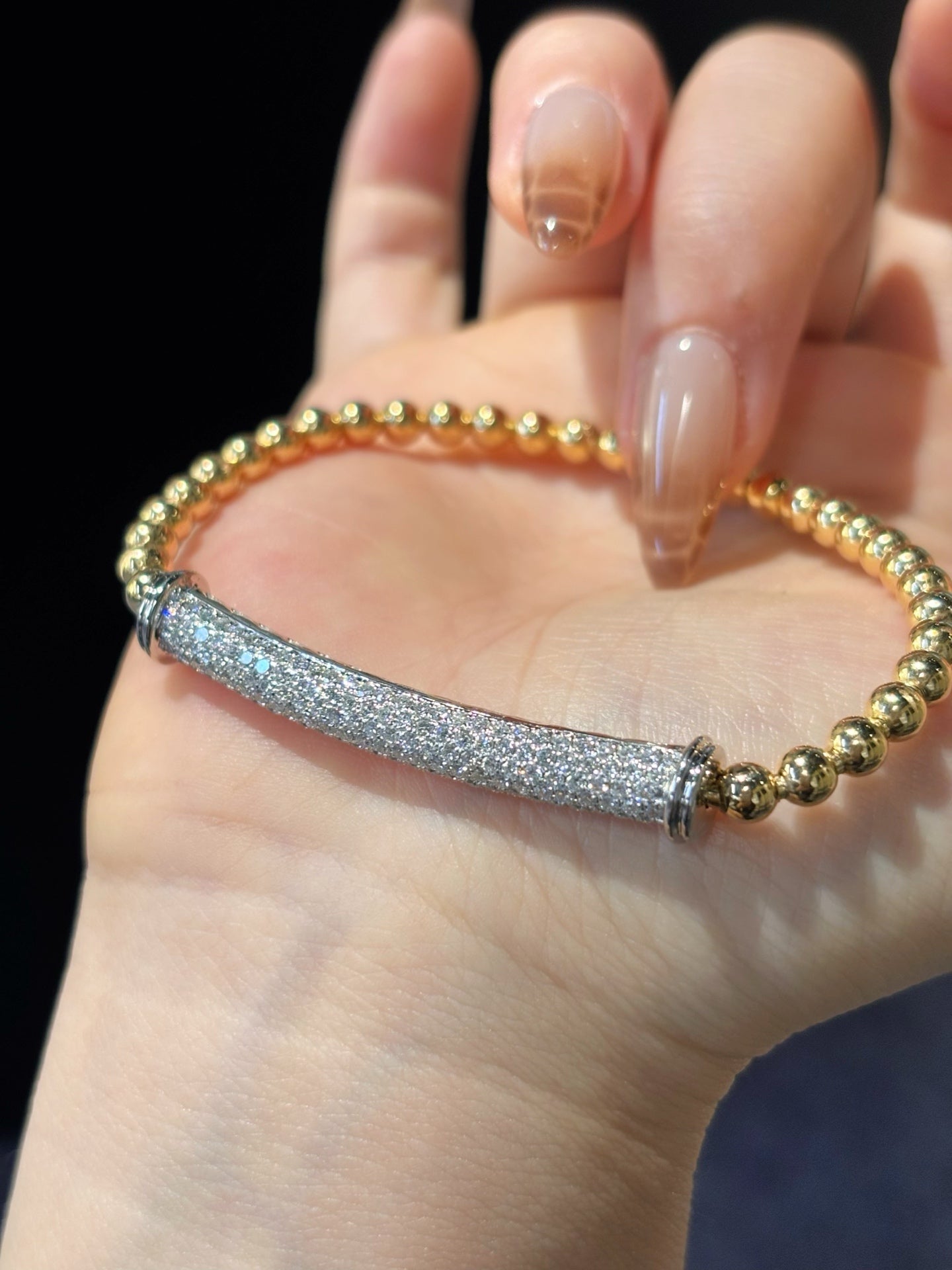 Half Bangle Half Bubble Bead Elastic Lab Grown Diamond Bracelet | Full Diamond Bangle | 18K Yellow Gold