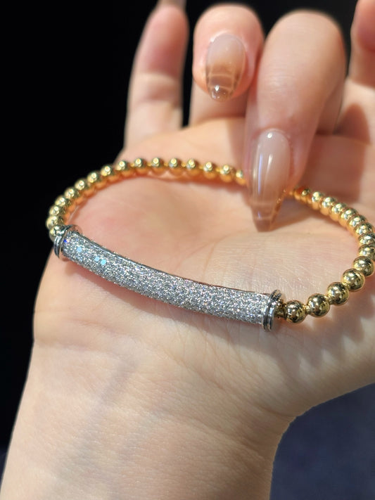Half Bangle Half Bubble Bead Elastic Lab Grown Diamond Bracelet | Full Diamond Bangle | 18K Yellow Gold