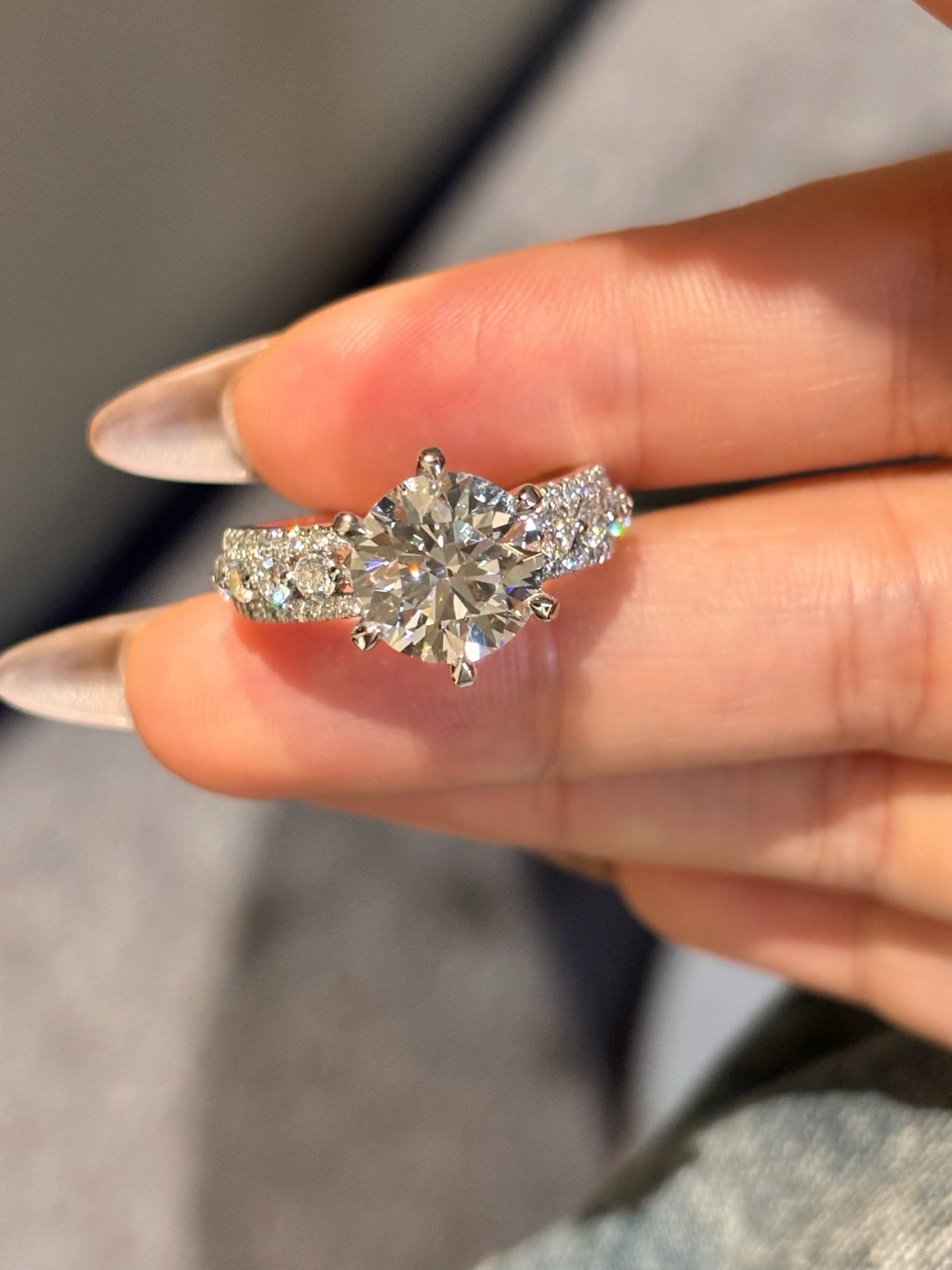 3ct Round Brilliant Lab Grown Diamond Ring | Pave Side Stone Engagement | 18K