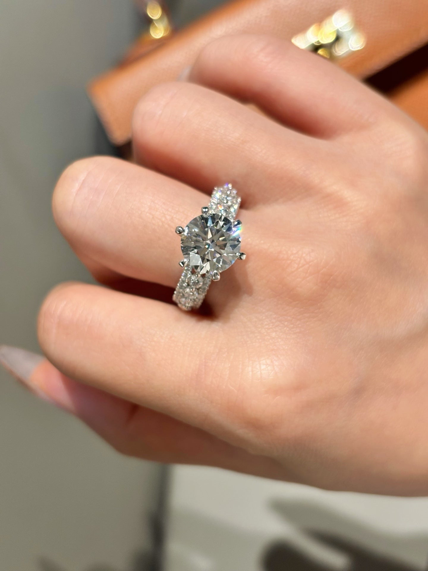 3ct Round Brilliant Lab Grown Diamond Ring | Pave Side Stone Engagement | 18K