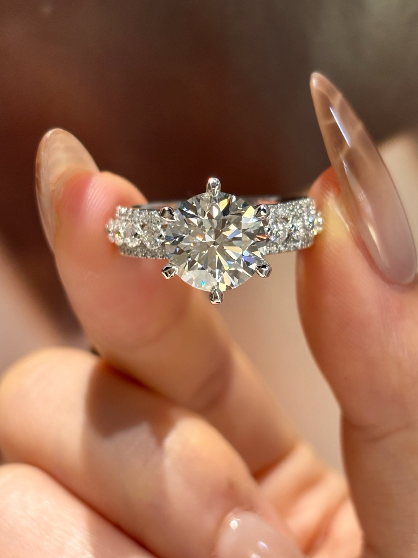 3ct Round Brilliant Lab Grown Diamond Ring | Pave Side Stone Engagement | 18K