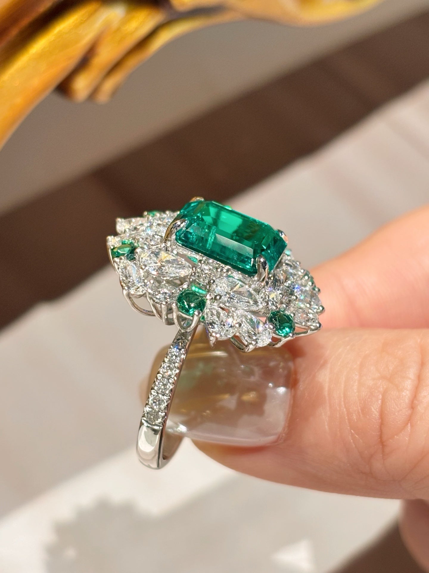 4.21ct 8.48g| Lab Grown Emerald Ring | Emerald Cut Diamond Halo & Accents