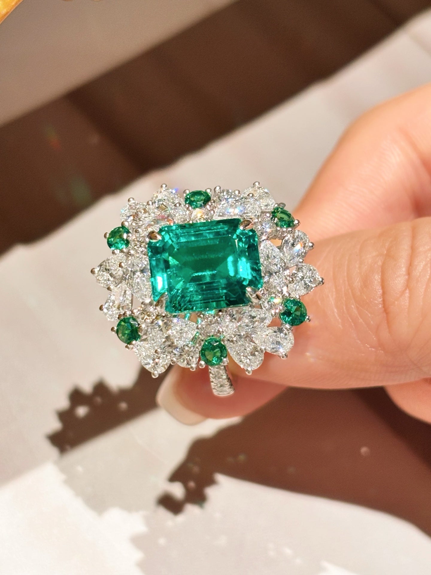 4.21ct 8.48g| Lab Grown Emerald Ring | Emerald Cut Diamond Halo & Accents
