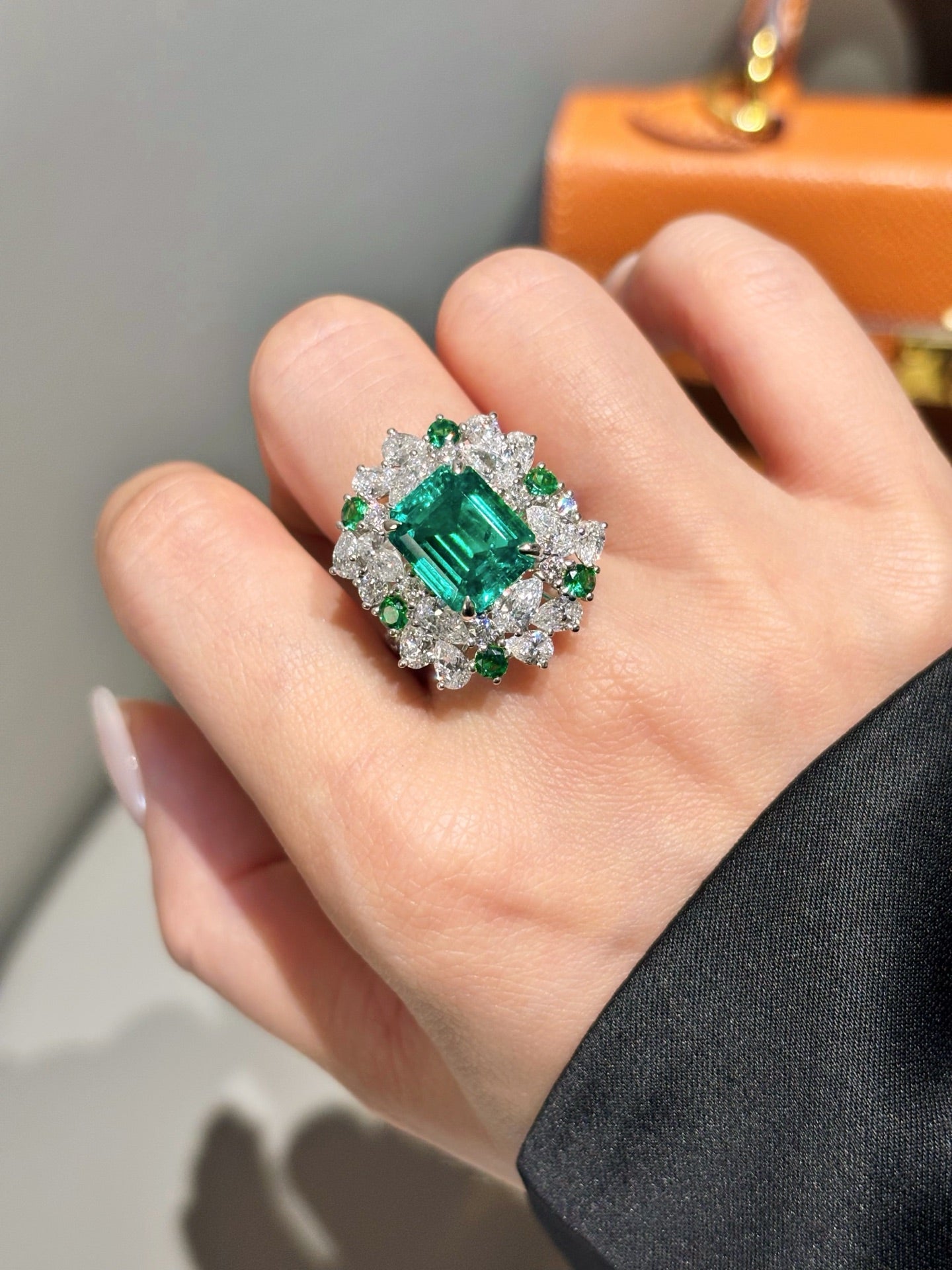 4.21ct 8.48g| Lab Grown Emerald Ring | Emerald Cut Diamond Halo & Accents