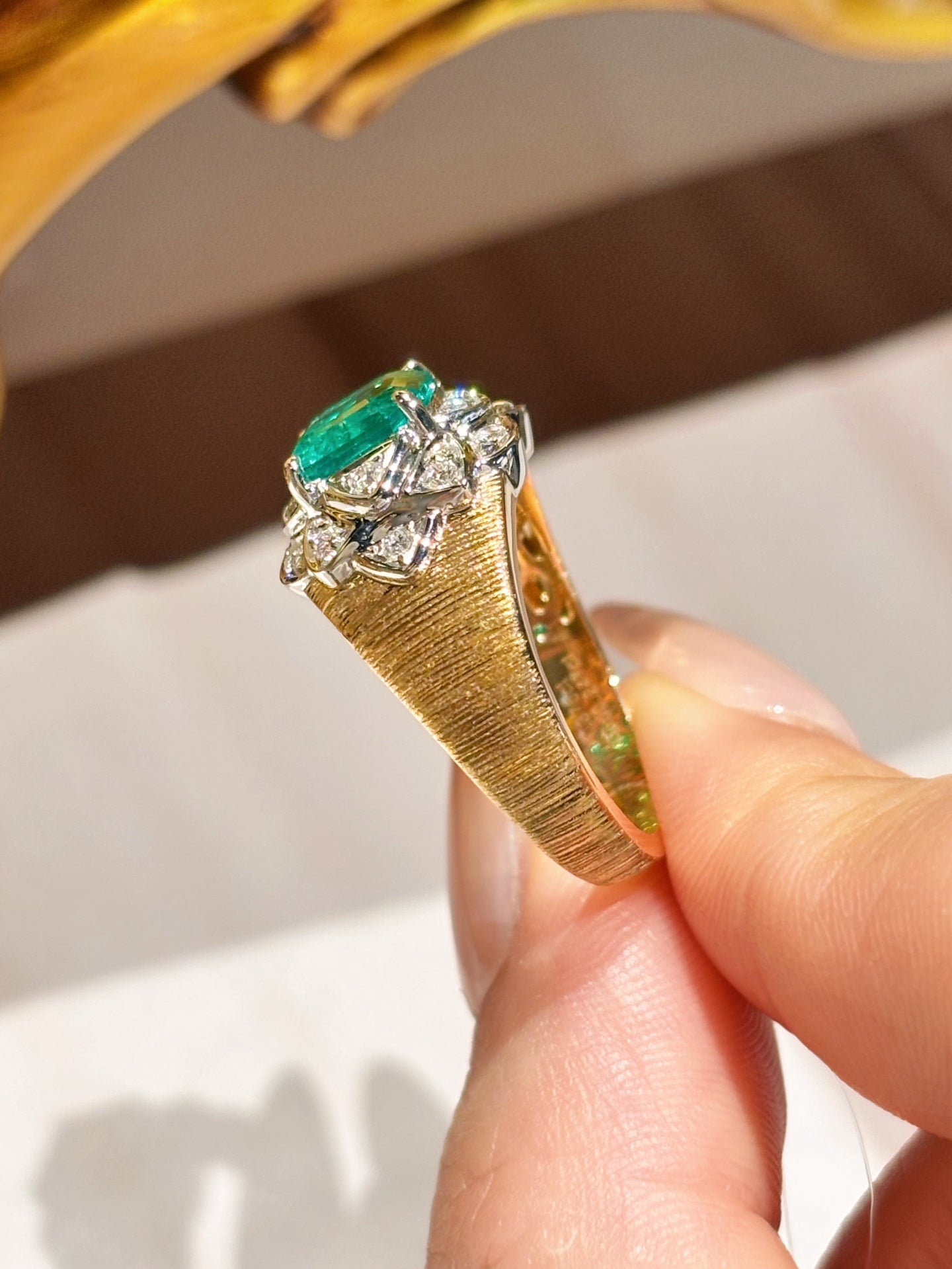 1.375ct 7.13g Lab Grown Emerald Ring | Vintage Two-Tone Gold Diamond Halo