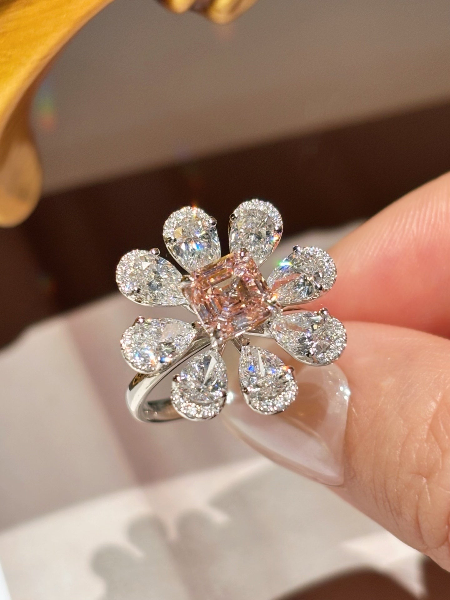 1.35ct 4.82g Blooming Radiant Cut Pink Lab Grown Diamond Ring | Floral Halo | 18k GOLD