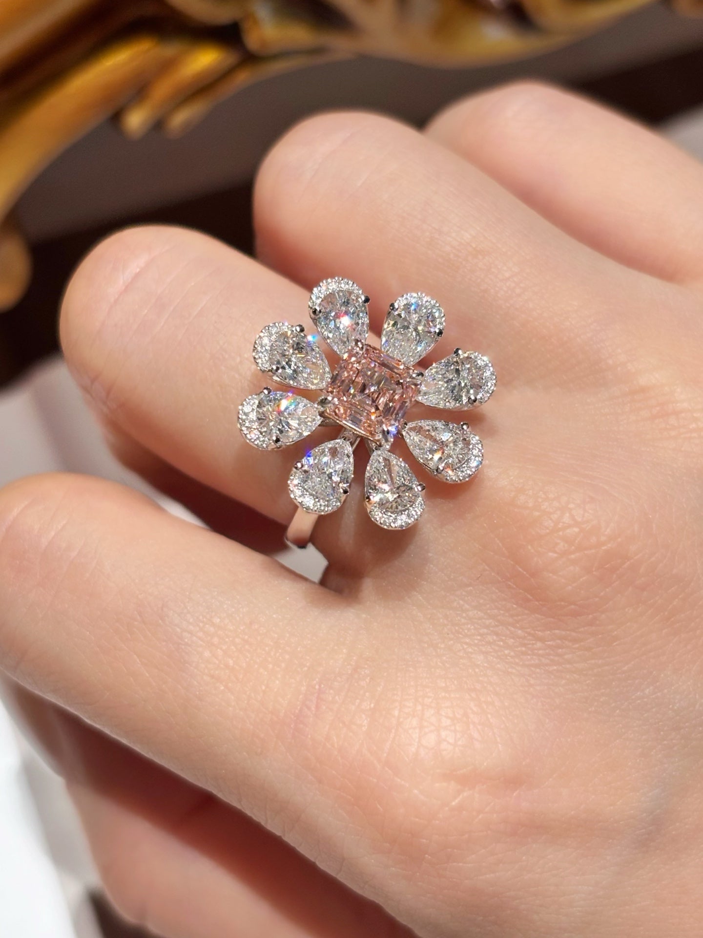 1.35ct 4.82g Blooming Radiant Cut Pink Lab Grown Diamond Ring | Floral Halo | 18k GOLD