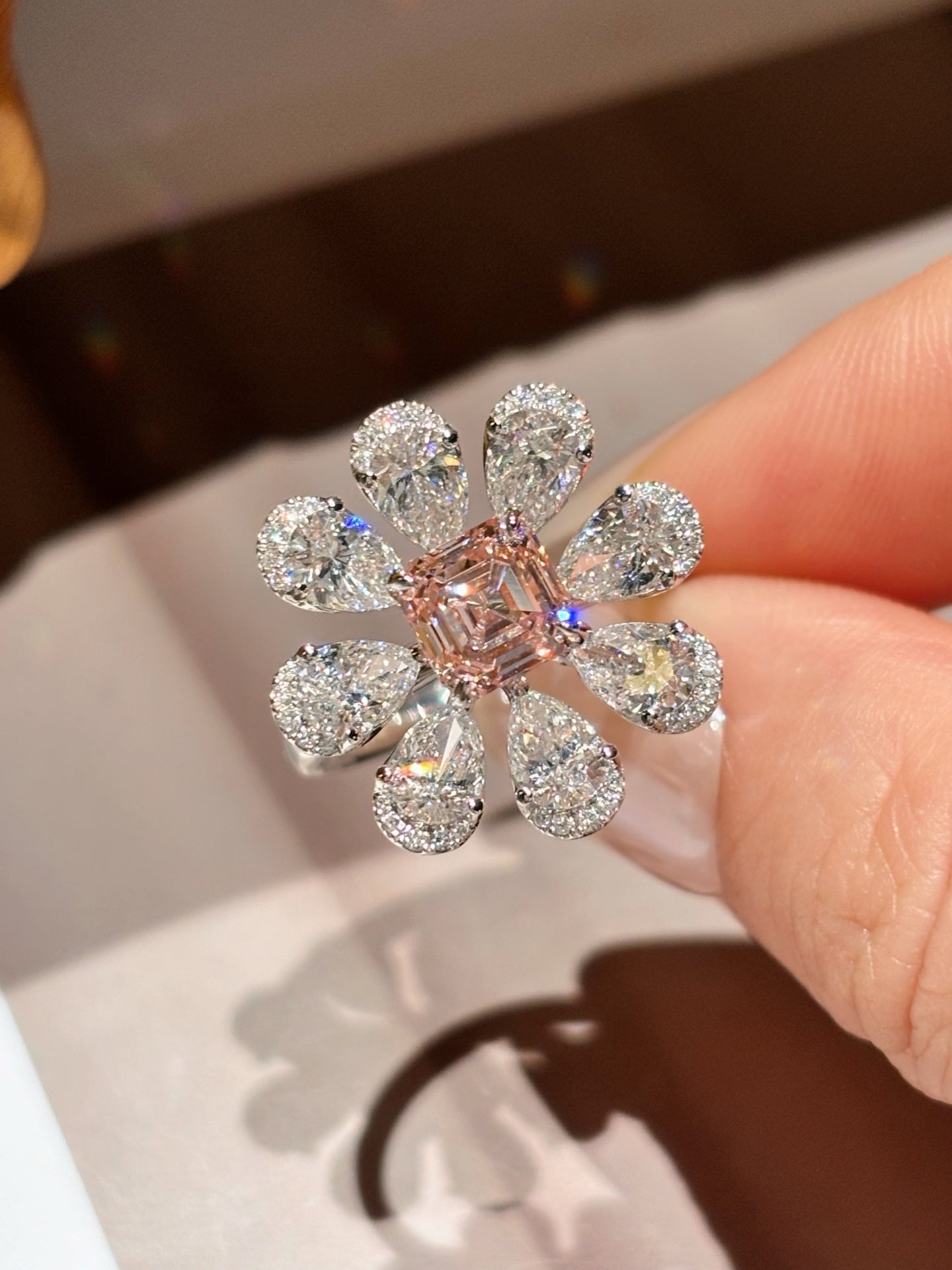 1.35ct 4.82g Blooming Radiant Cut Pink Lab Grown Diamond Ring | Floral Halo | 18k GOLD