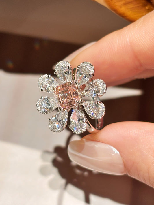 1.35ct 4.82g Blooming Radiant Cut Pink Lab Grown Diamond Ring | Floral Halo | 18k GOLD