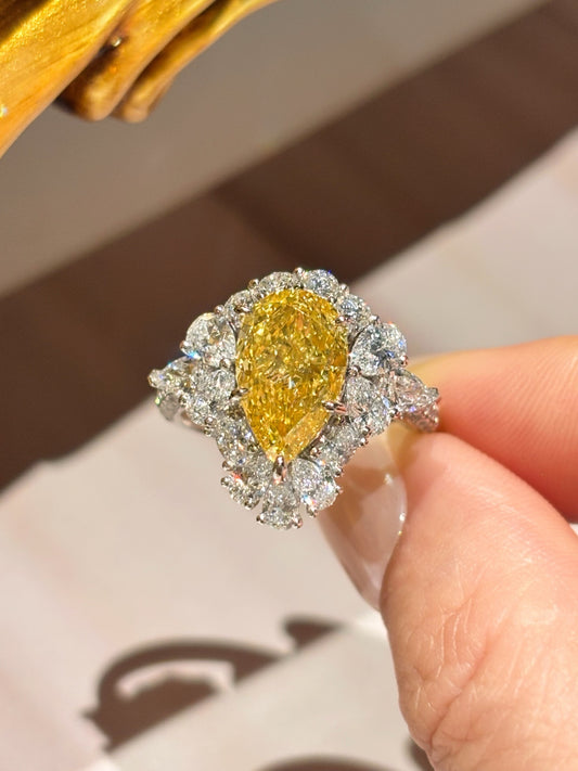 3.06ct 8.59g Lab Grown Fancy Yellow Diamond Halo Ring | Ethical Luxury Jewelry | 18K Gold