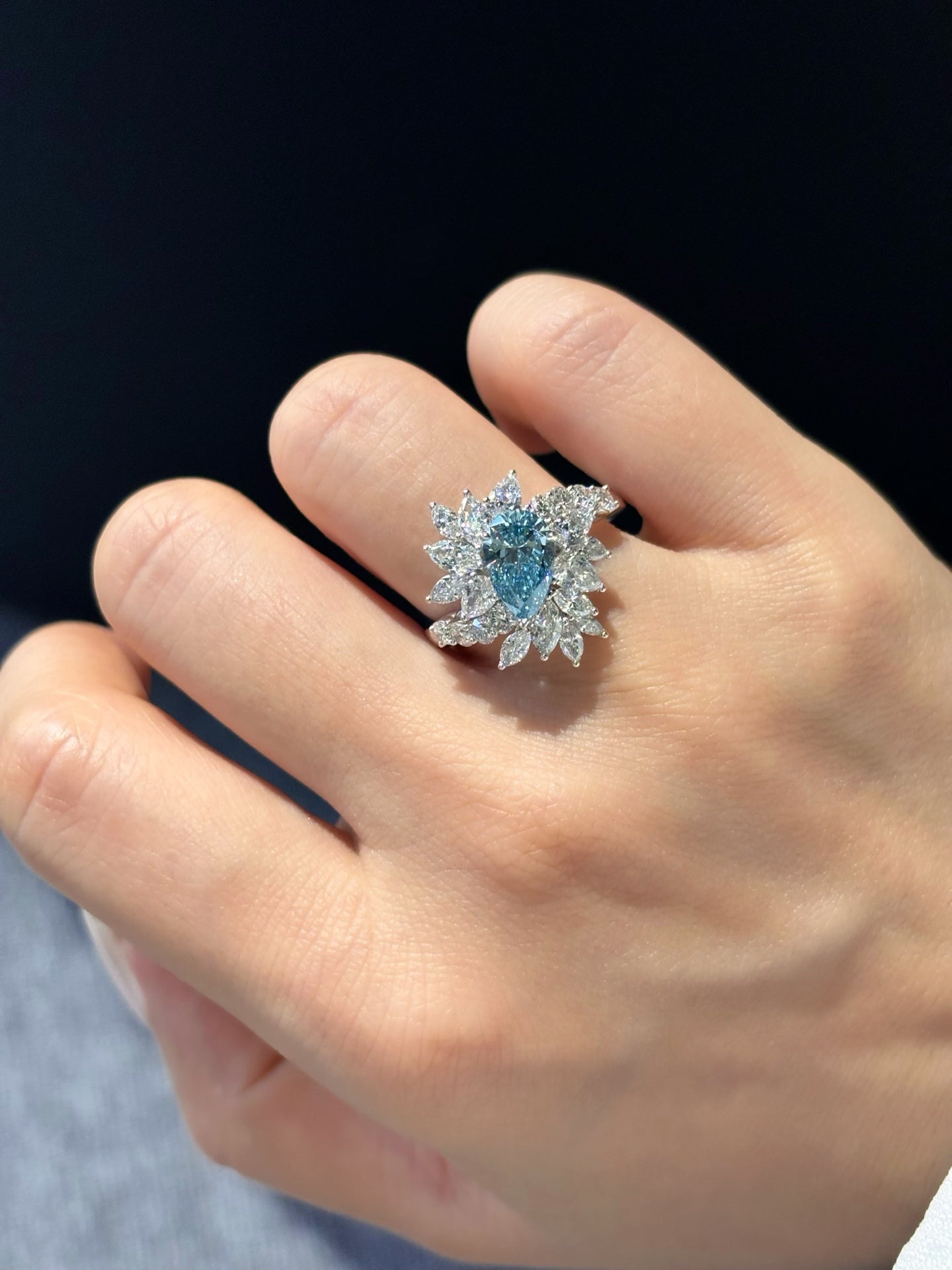 1.01ct Exquisite Pear Shape Fancy Blue Lab Grown Diamond Ring | Marquise Halo