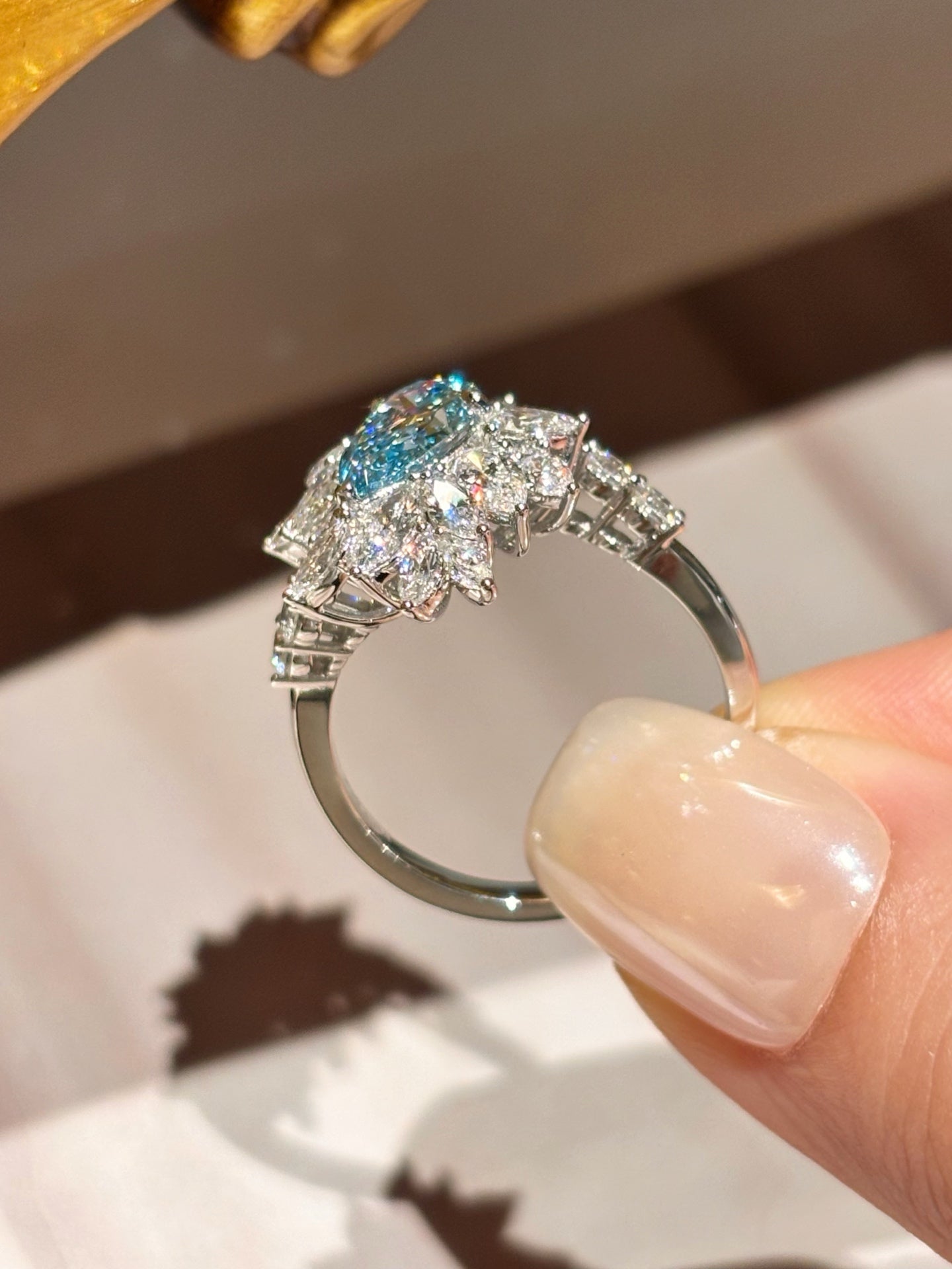1.01ct Exquisite Pear Shape Fancy Blue Lab Grown Diamond Ring | Marquise Halo