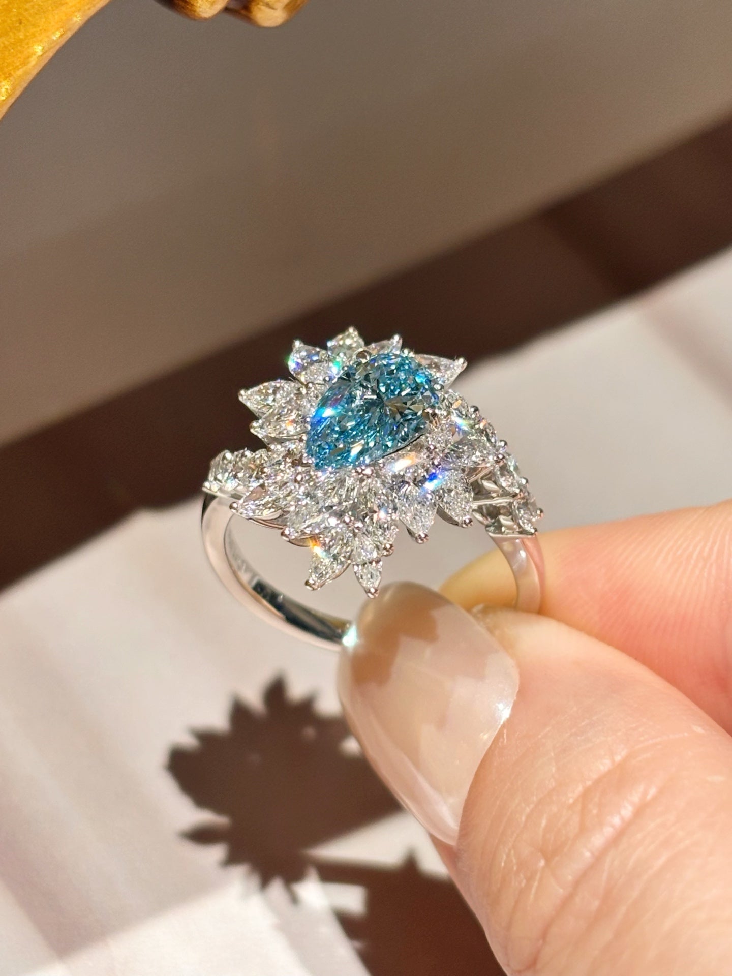 1.01ct Exquisite Pear Shape Fancy Blue Lab Grown Diamond Ring | Marquise Halo