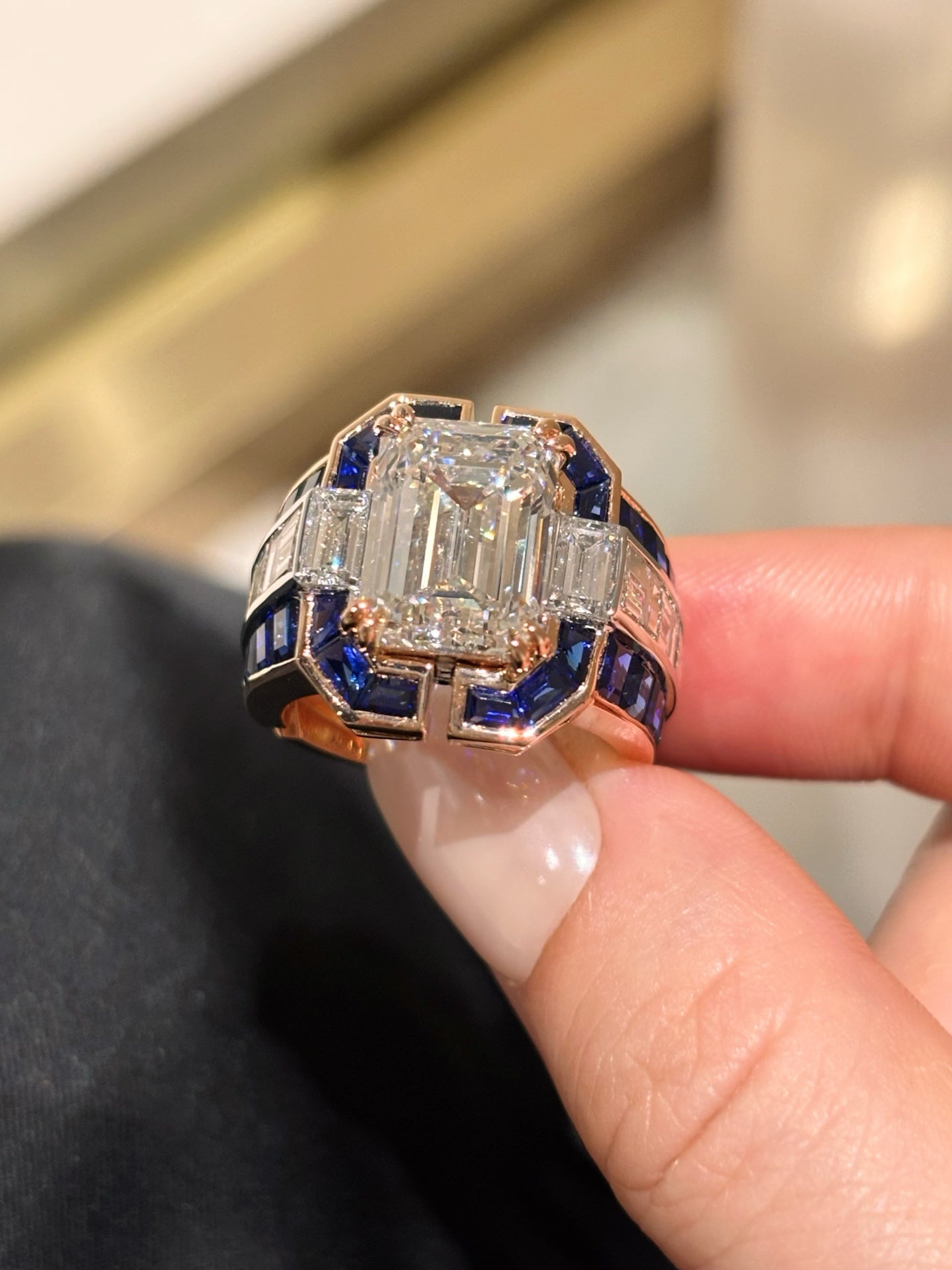 Lab Grown Diamond & Sapphire Art Deco Statement Ring | Luxury | 18K Rose Gold