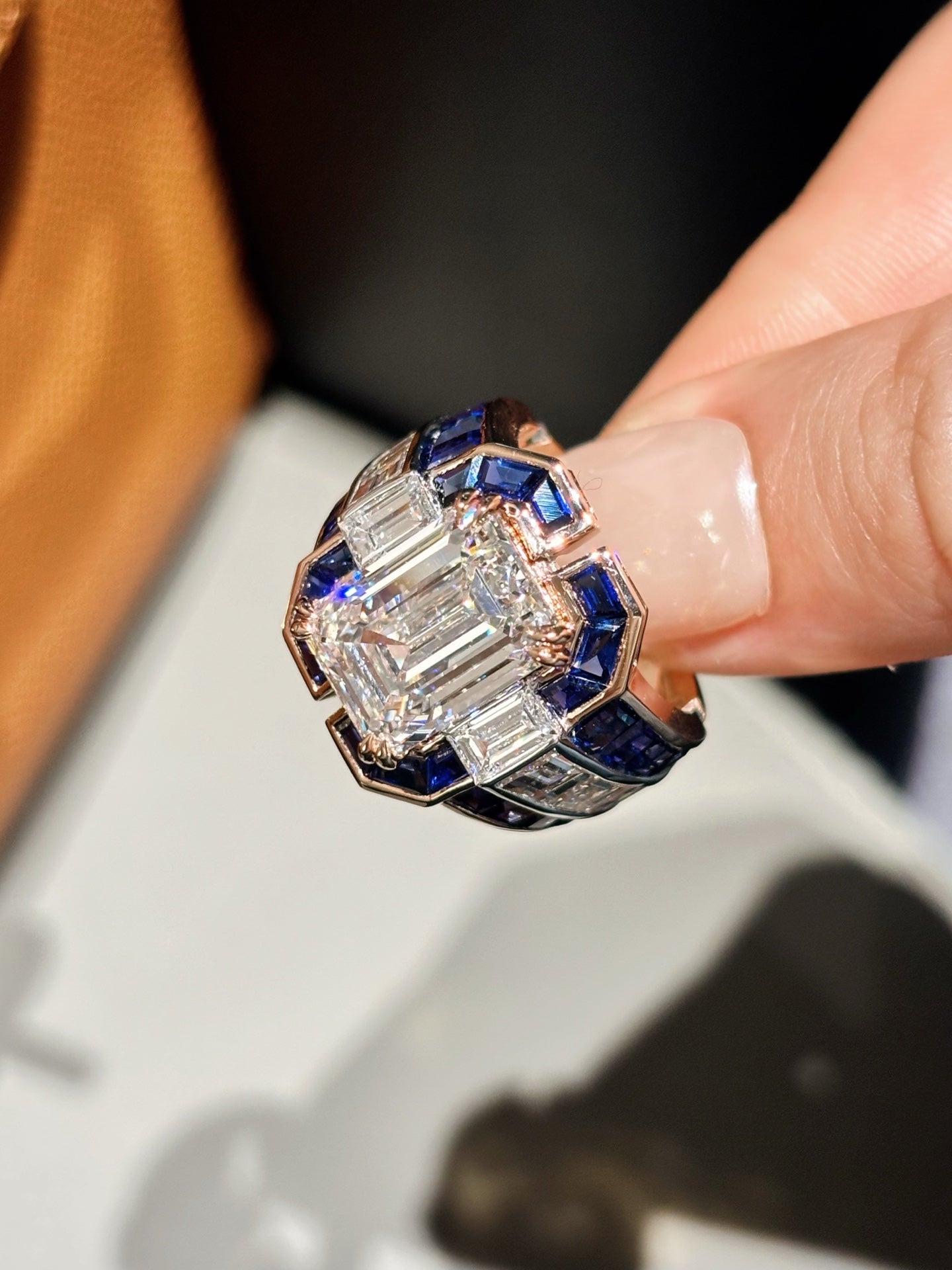 Lab Grown Diamond & Sapphire Art Deco Statement Ring | Luxury | 18K Rose Gold