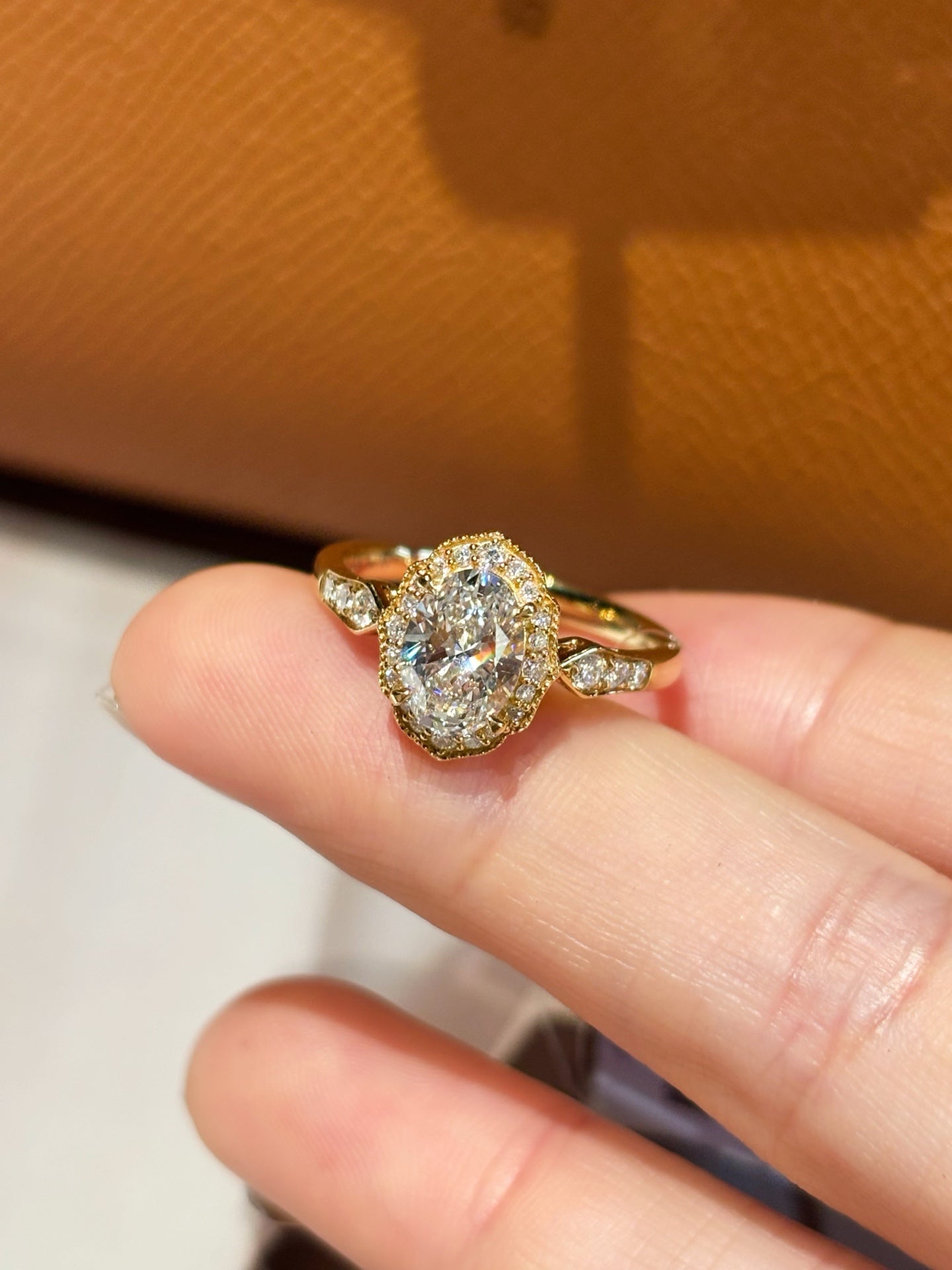 1.02ct 3.44g Oval Lab Grown Diamond Ring with Halo Setting | Vintage Style with Pavé Band | 18K Yellow Gold