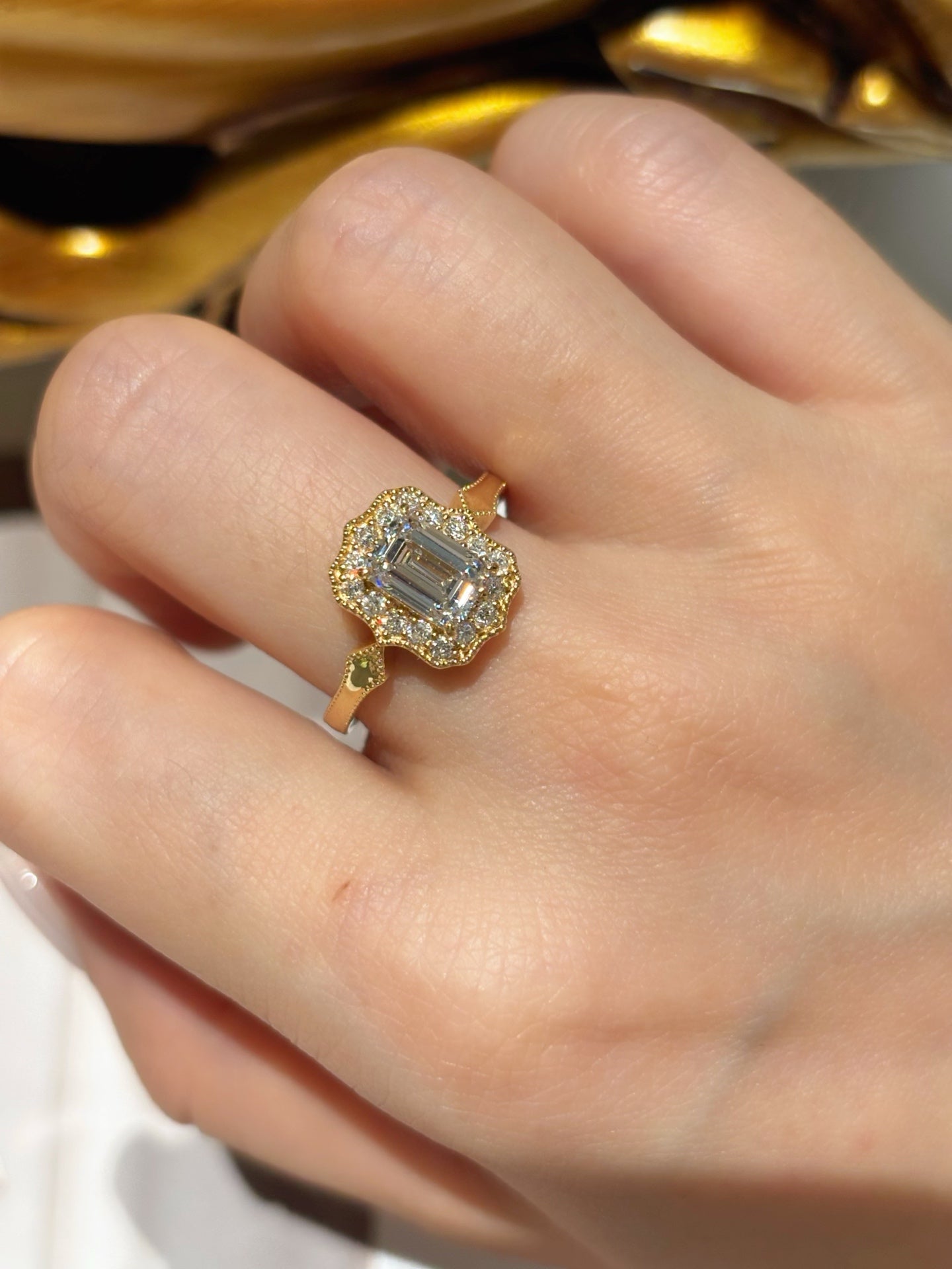 1.1ct 3.67g Emerald Cut Lab Grown Diamond Ring with Halo Setting | Vintage Style | 18K Yellow Gold