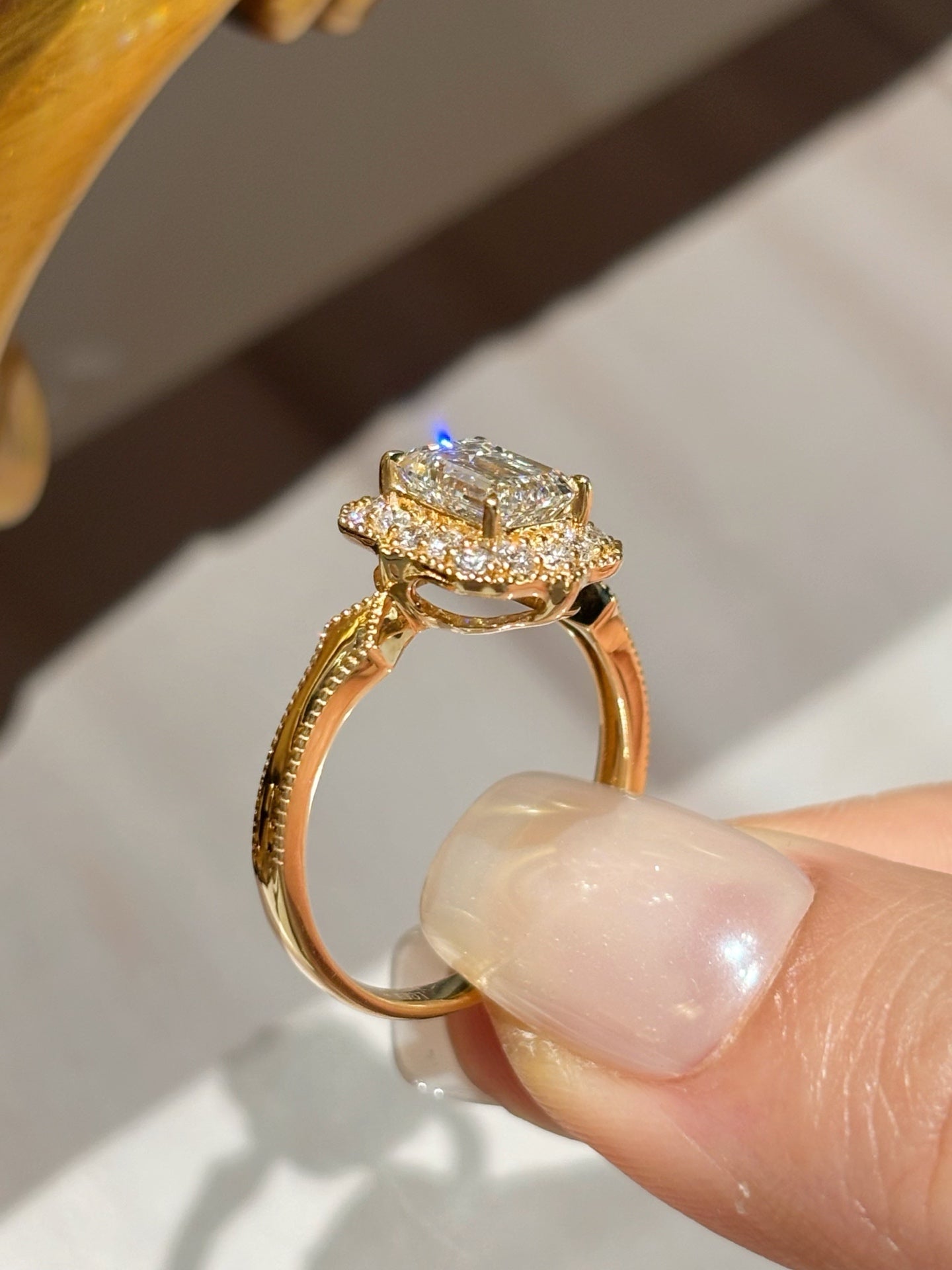 1.1ct 3.67g Emerald Cut Lab Grown Diamond Ring with Halo Setting | Vintage Style | 18K Yellow Gold