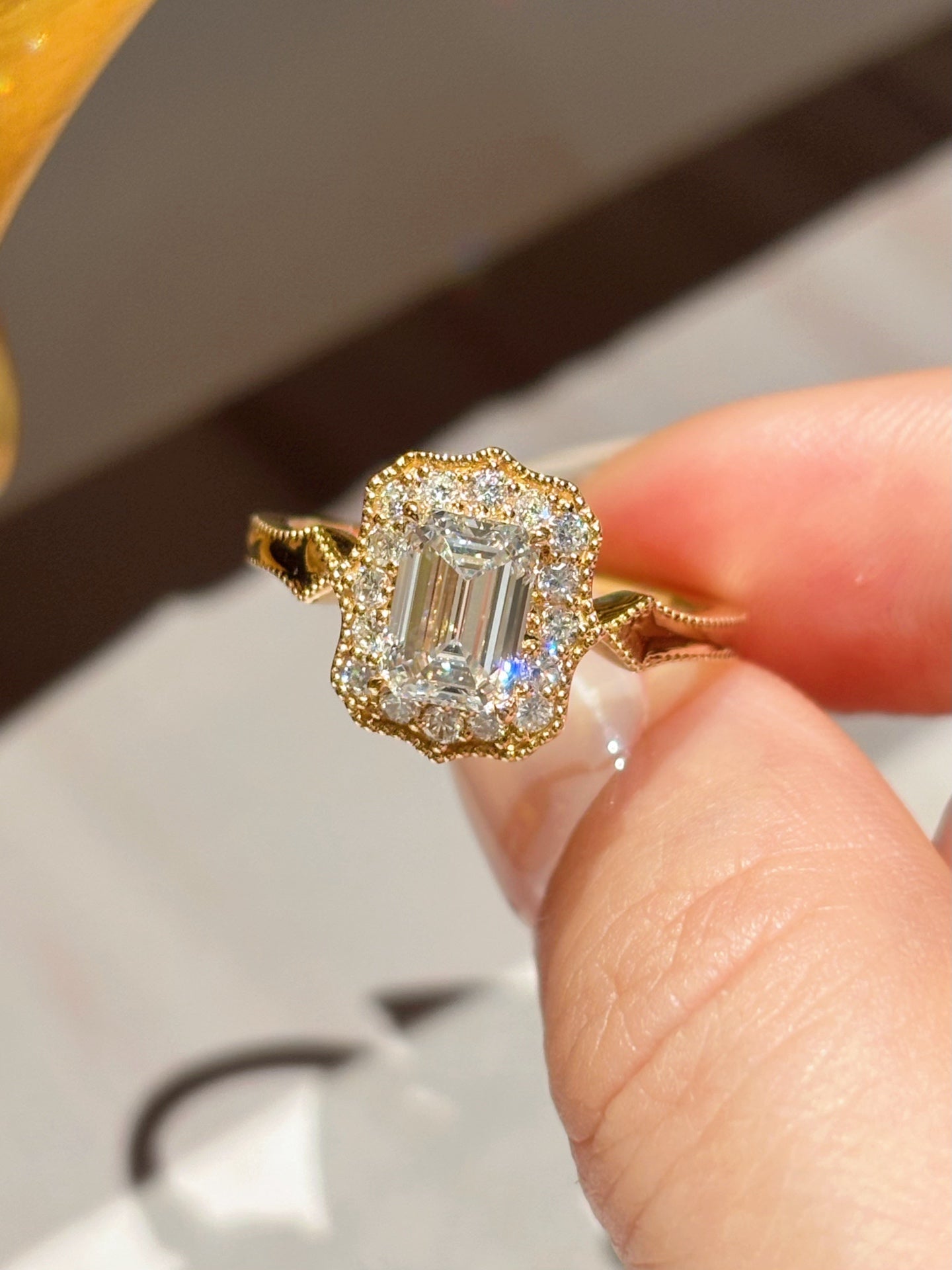 1.1ct 3.67g Emerald Cut Lab Grown Diamond Ring with Halo Setting | Vintage Style | 18K Yellow Gold