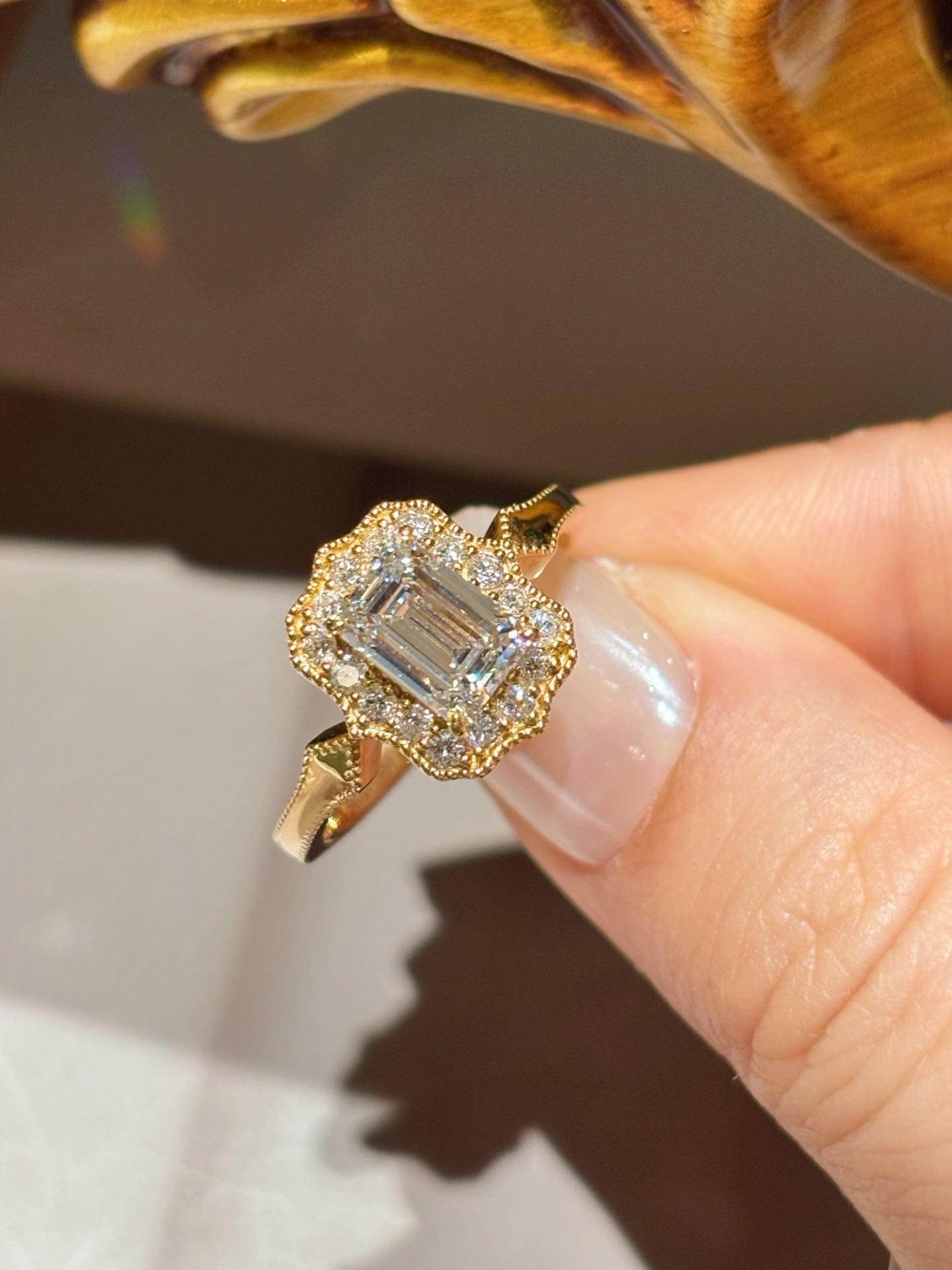 1.1ct 3.67g Emerald Cut Lab Grown Diamond Ring with Halo Setting | Vintage Style | 18K Yellow Gold