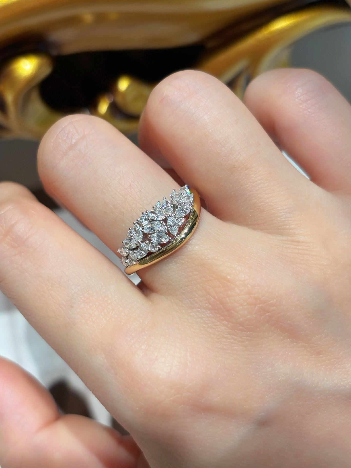 Stunning Leaf Cluster Lab Grown Diamond Ring | Gold Statement Band