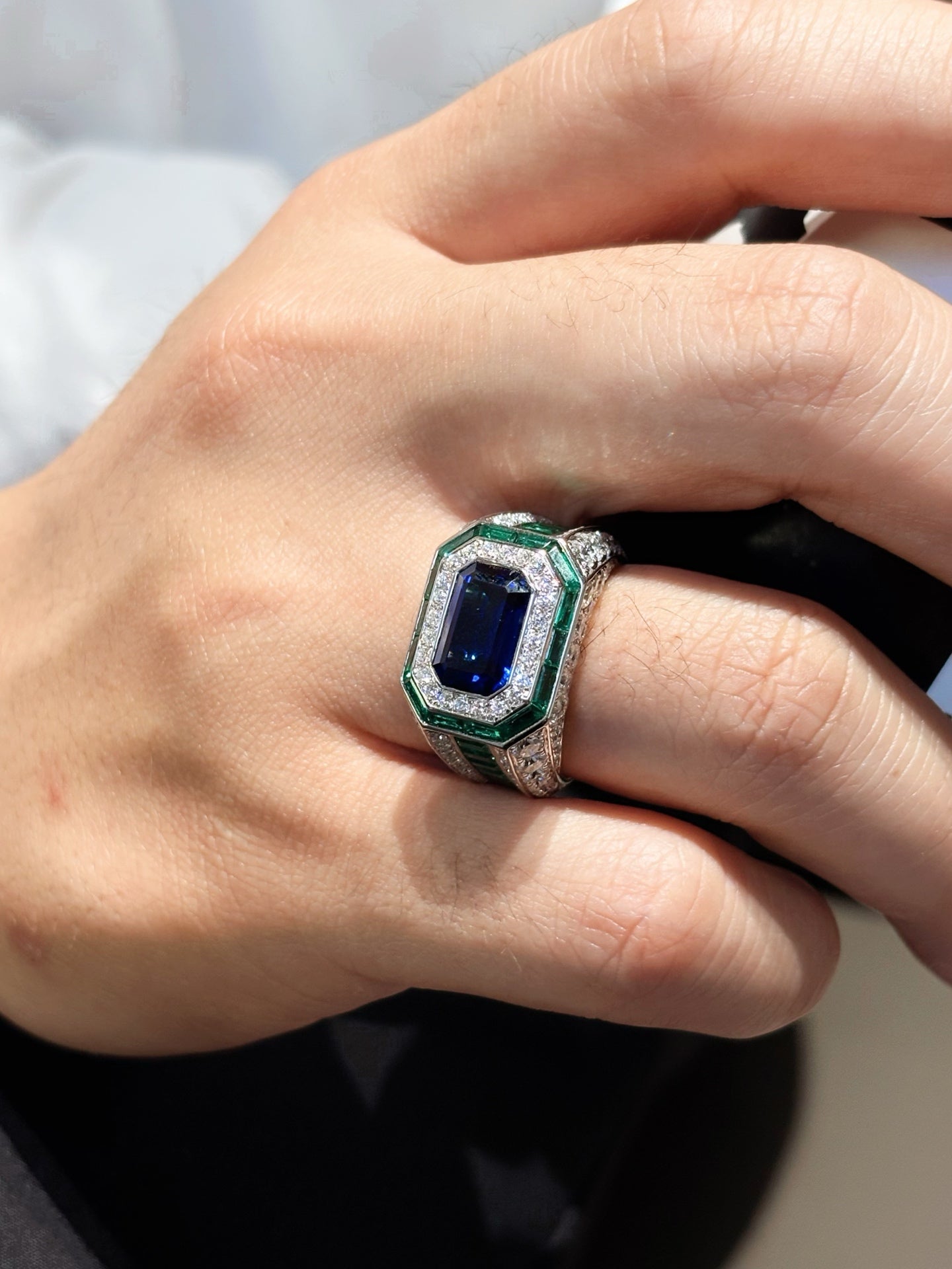 Lab Grown Sapphire & Emerald Men’s Ring | Polished Sophistication for the Modern Professional |18K White Gold