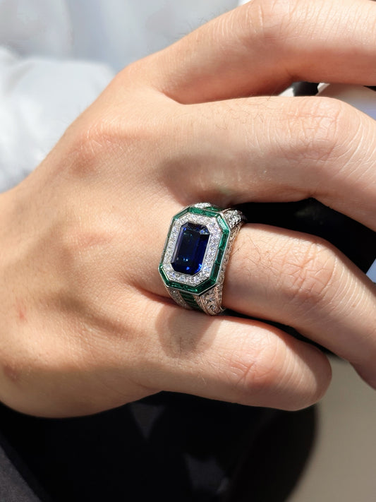 Lab Grown Sapphire & Emerald Men’s Ring | Polished Sophistication for the Modern Professional |18K White Gold