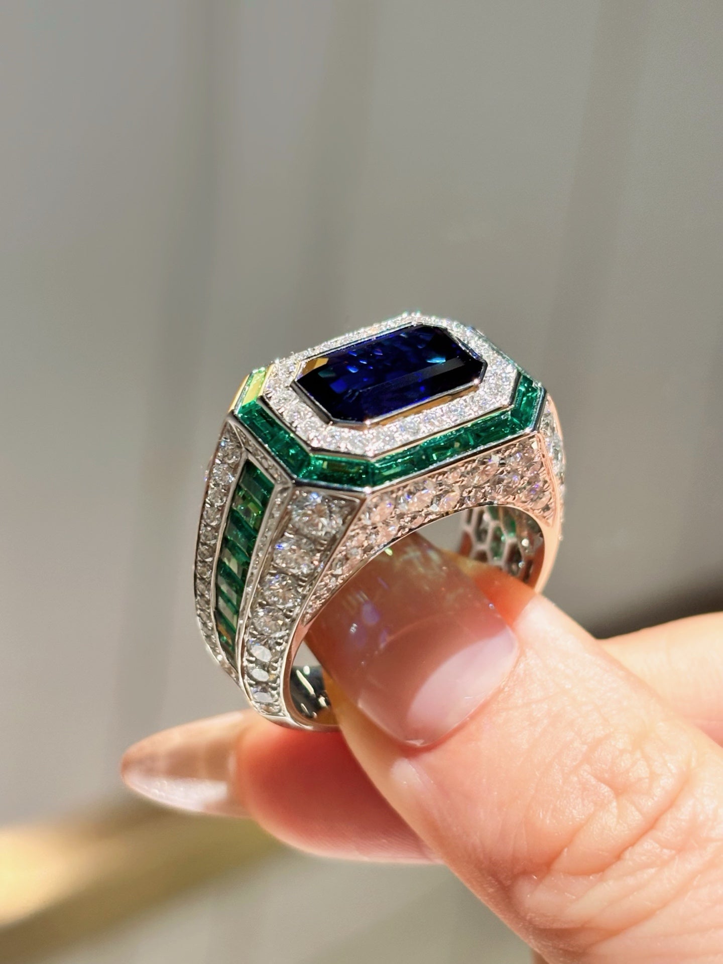 Lab Grown Sapphire & Emerald Men’s Ring | Polished Sophistication for the Modern Professional |18K White Gold