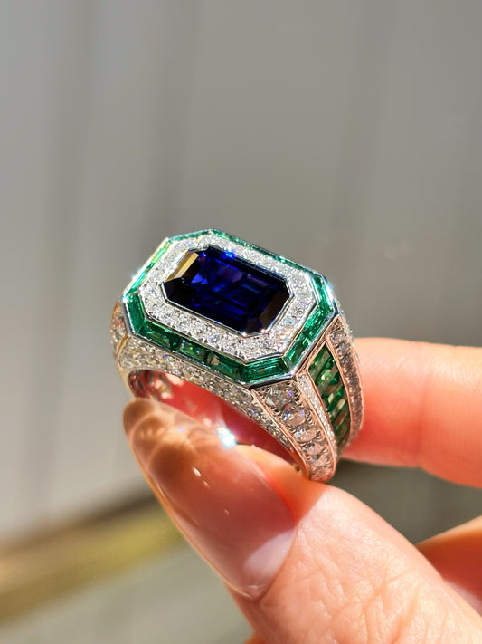 Lab Grown Sapphire & Emerald Men’s Ring | Polished Sophistication for the Modern Professional |18K White Gold